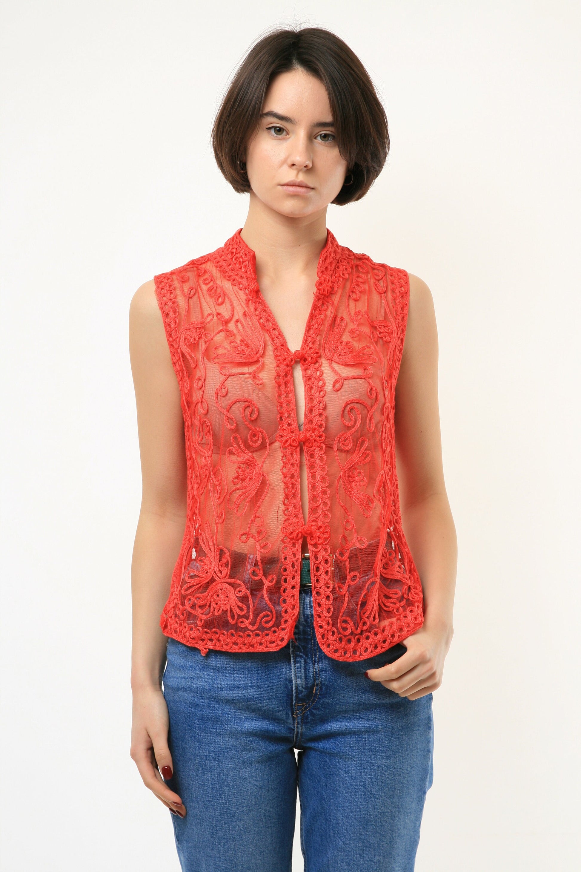 80s Vintage Woman Cheongsam Lace Red Top Blouse size S Small 3838/ Vintage Woman Red Blouse/ Vintage Woman Lace Top? Vintage Woman Top