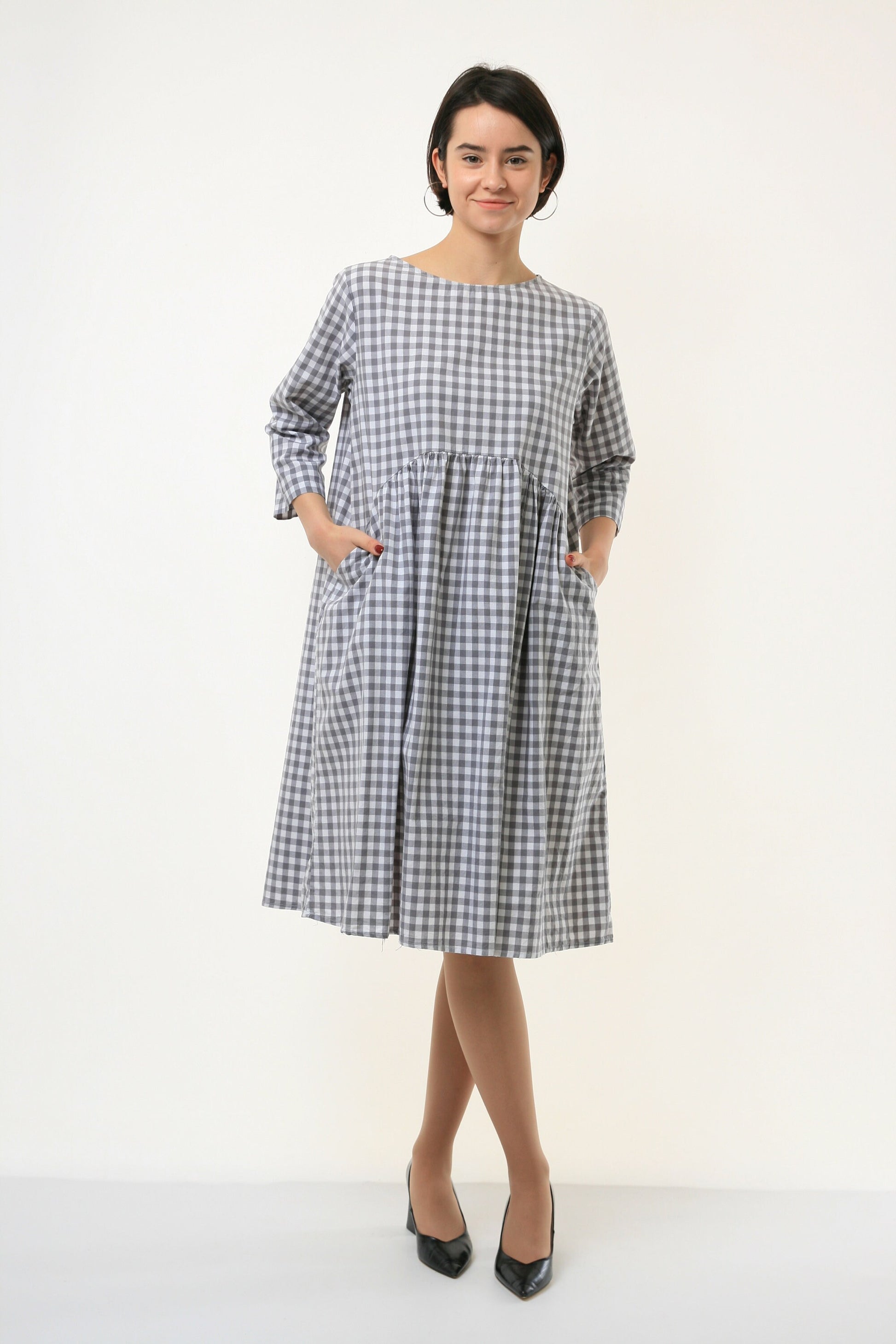 80s Vintage Woman Checked Crew Neck Oversized Loose Fit Dress size M 3778/ Vintage Woman Check Dress/ Vintage Womna Loose Fit Dress