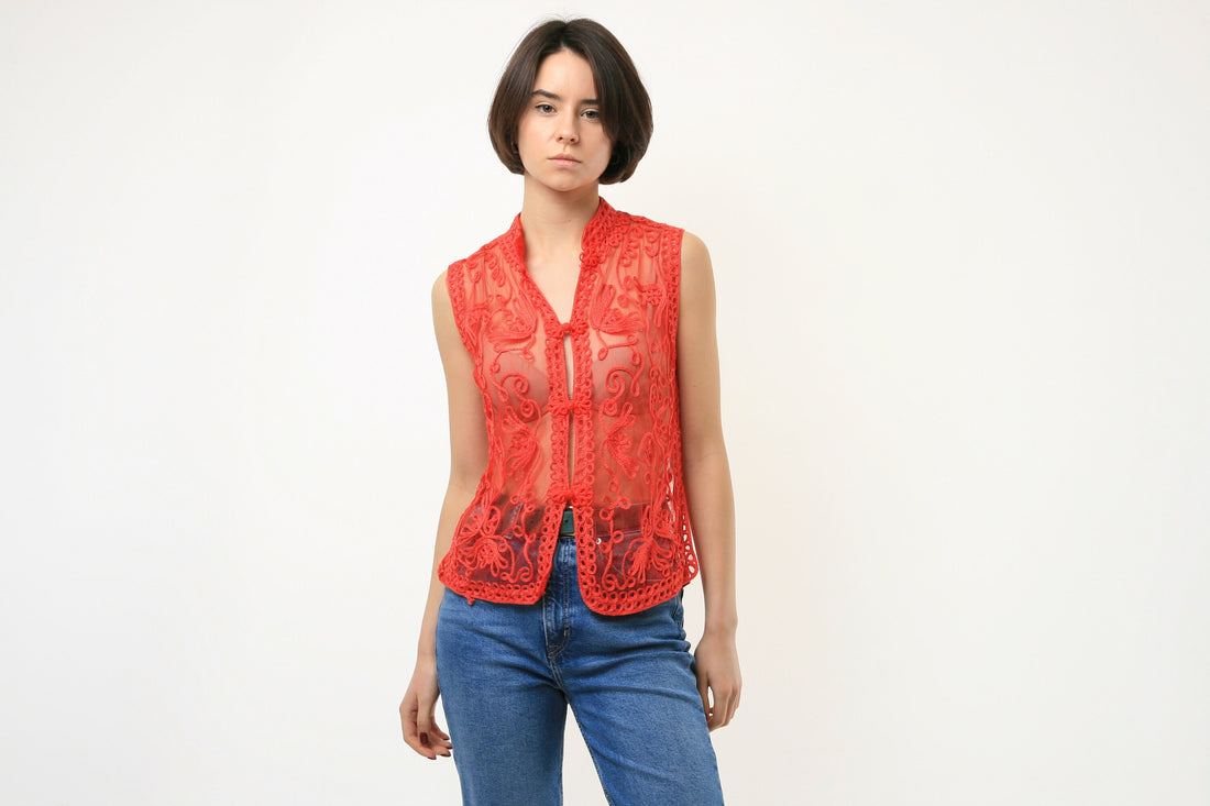 80s Vintage Woman Cheongsam Lace Red Top Blouse size S Small 3838/ Vintage Woman Red Blouse/ Vintage Woman Lace Top? Vintage Woman Top