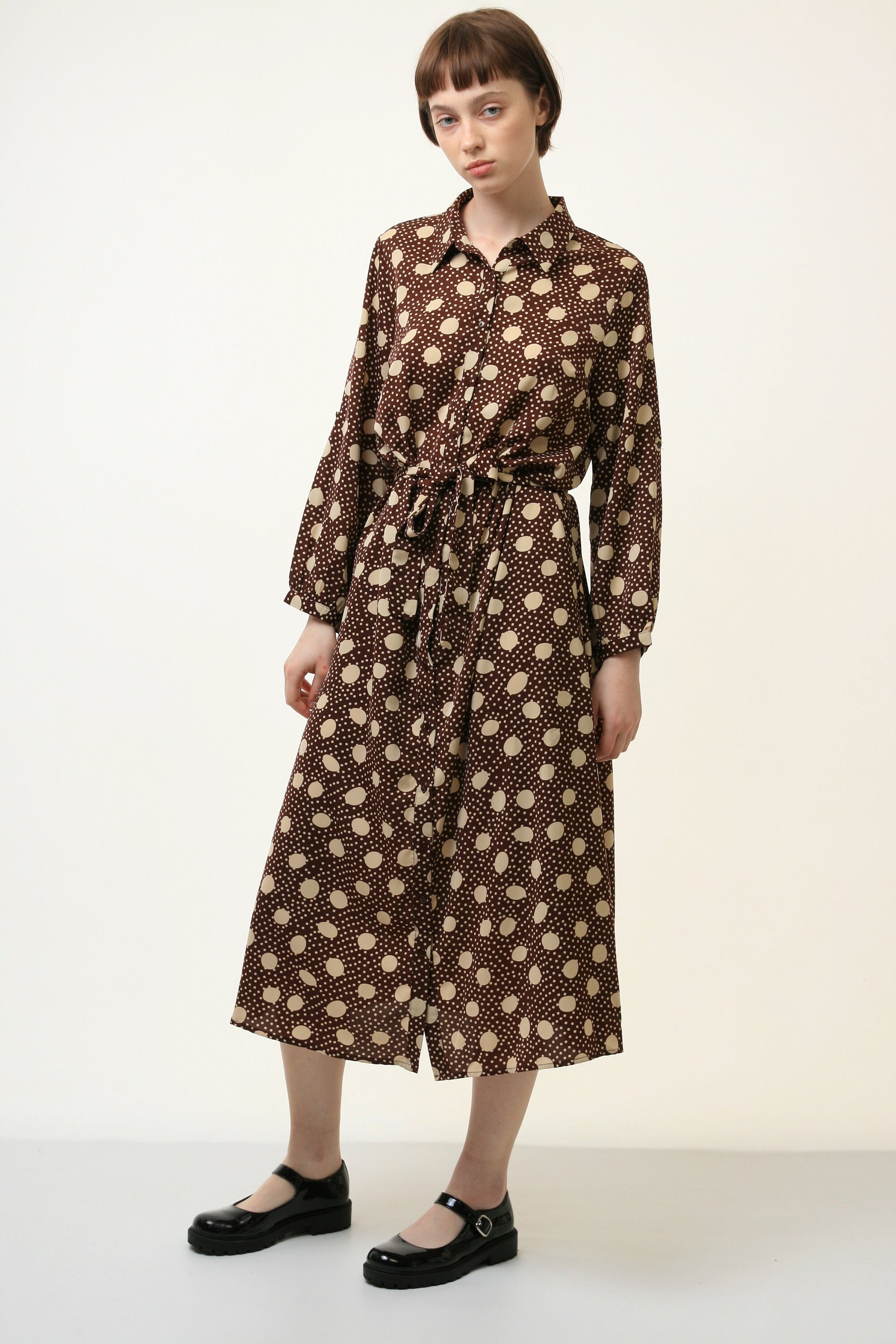 80s Vintage Y2k Midi Length Brown Pencil Long Sleeves Dress size L Large 3950/ Vintage Woman Midi Polka Dot Length Dress/ Vintage Dress