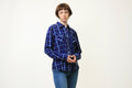 90s Vintage Harley Davidson Checked Blue Logo Long Sleeve Buttons Up Woman Shirt in M size 3959/ Vintage Harley Davidson Blue Woman Shirt