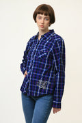 90s Vintage Harley Davidson Checked Blue Logo Long Sleeve Buttons Up Woman Shirt in M size 3959/ Vintage Harley Davidson Blue Woman Shirt