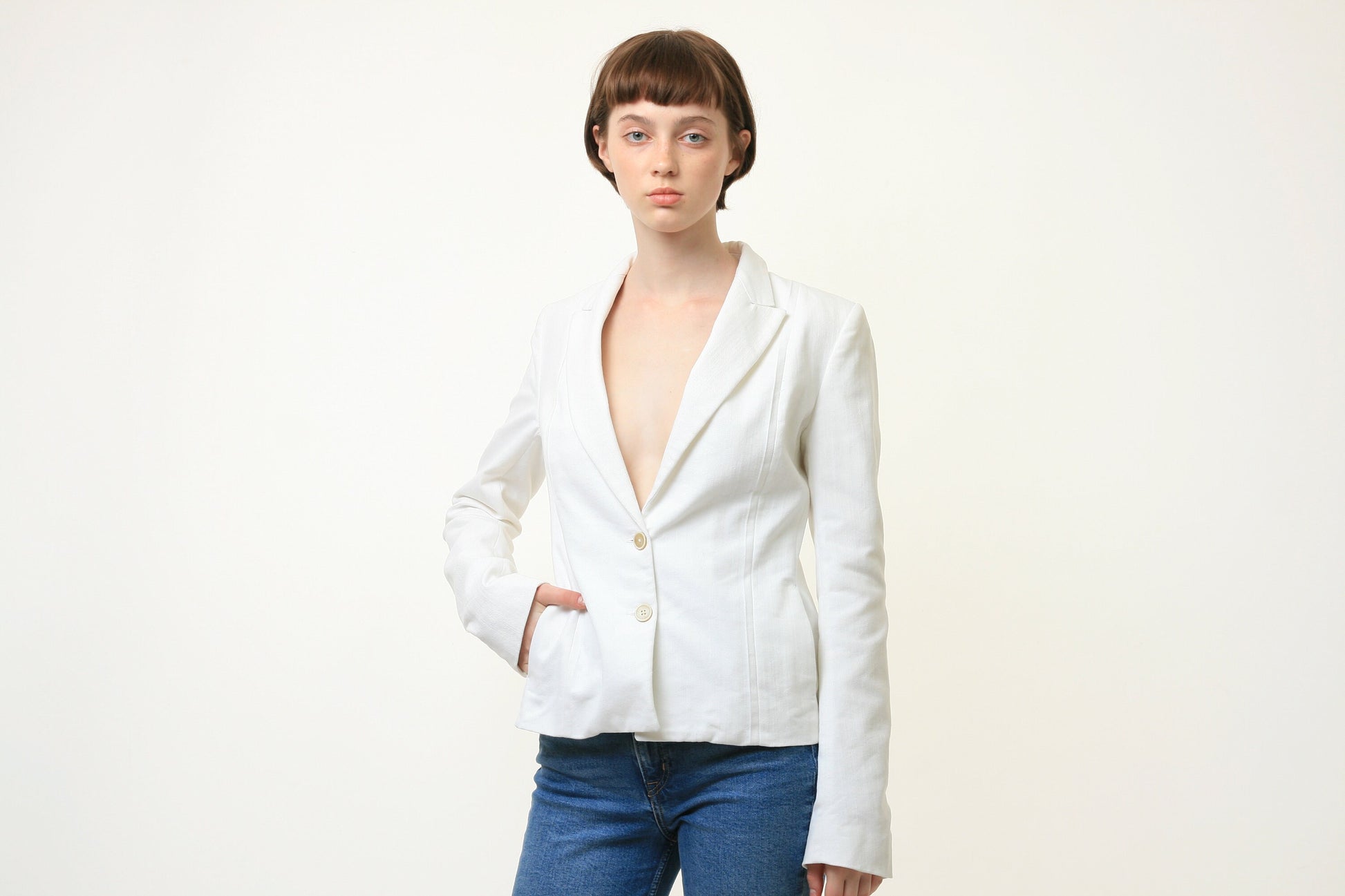 90s Vintage Maison Margiela Long Sleeve White Cotton Midi Buttons Up Long Style Blazer Size S Small 3981. Vintage Woman Margiela Blazer.