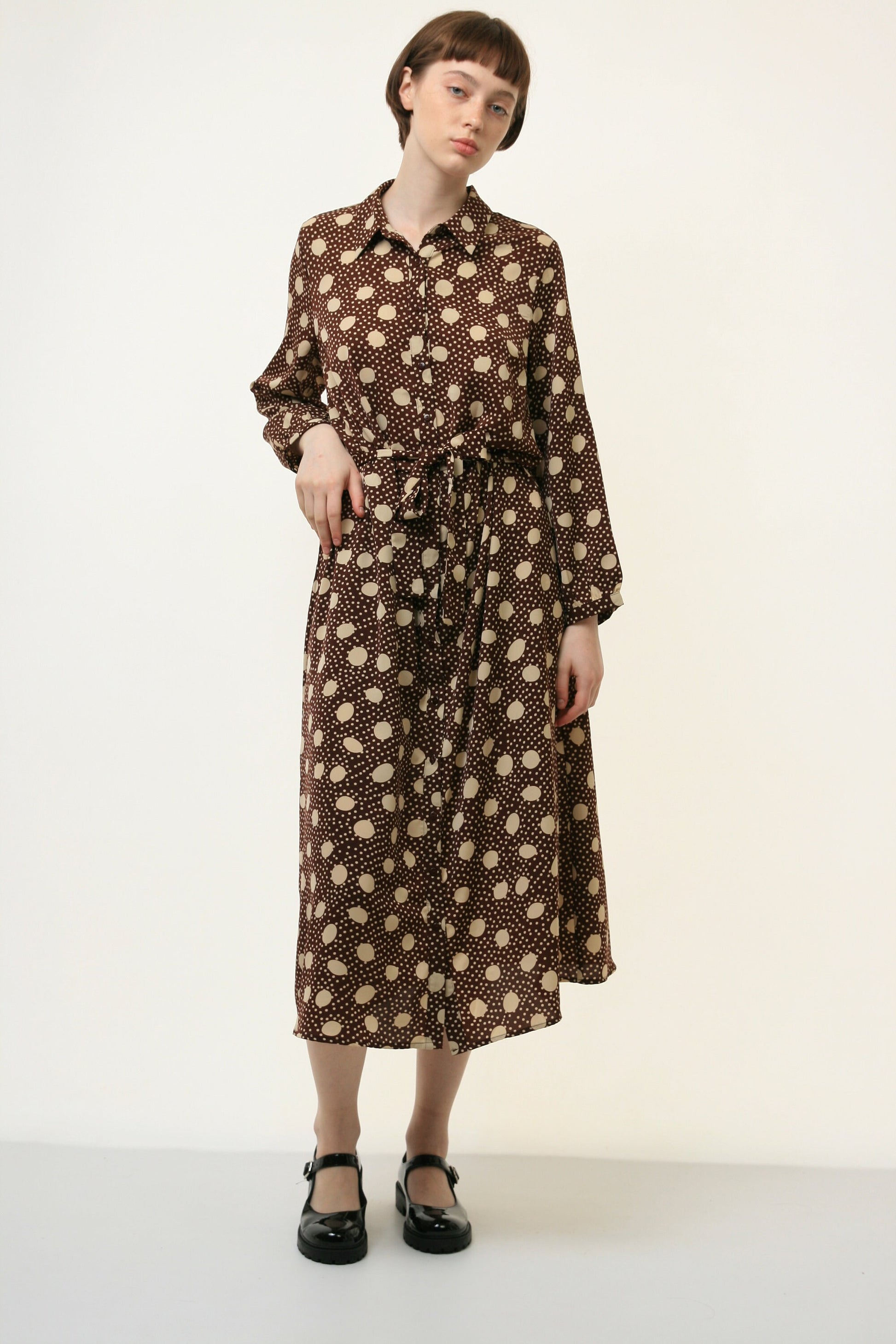 80s Vintage Y2k Midi Length Brown Pencil Long Sleeves Dress size L Large 3950/ Vintage Woman Midi Polka Dot Length Dress/ Vintage Dress