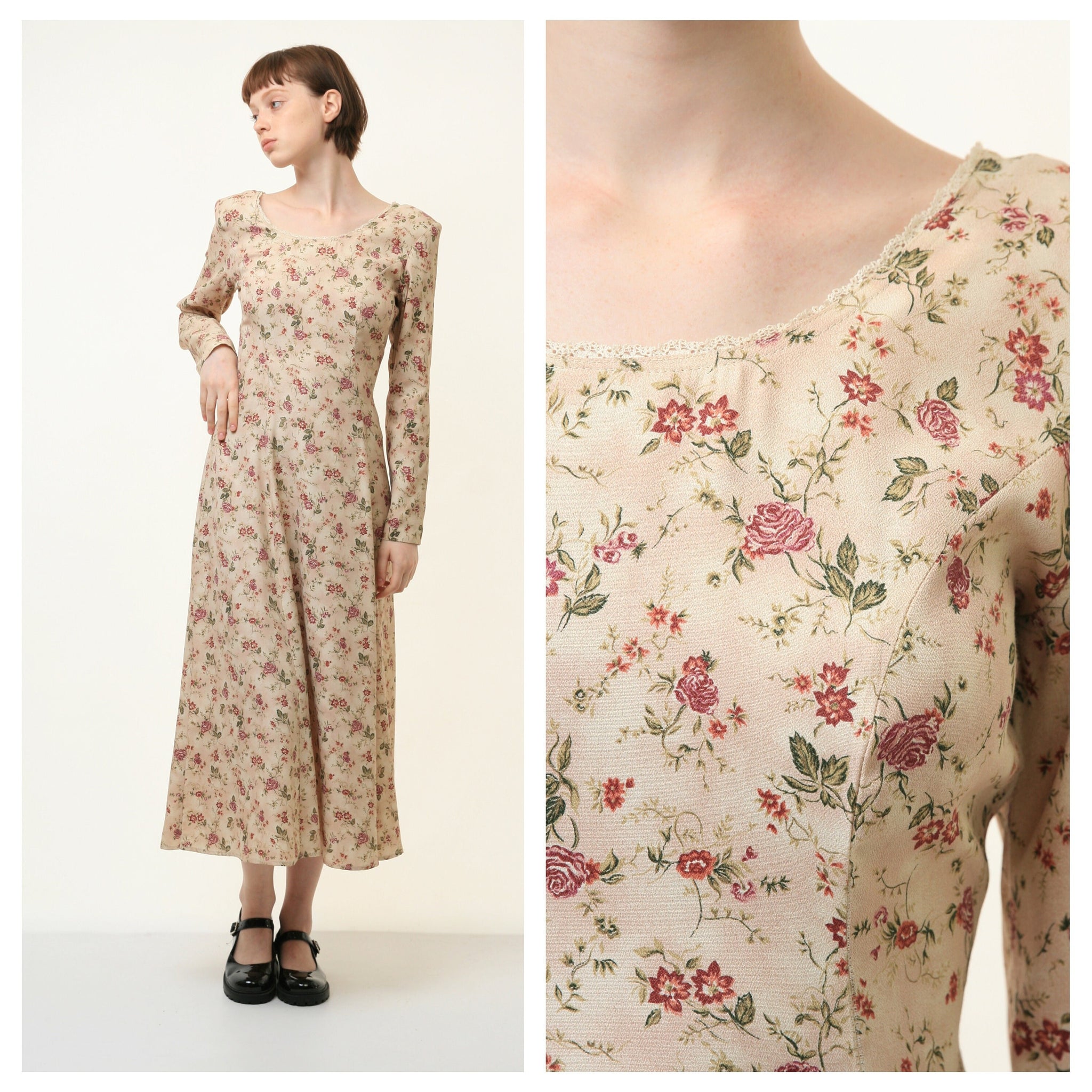 70s Vintage Midi Length Bohemian Froral Long Sleeves Dress size S Small 4065/ Vintage Woman Midi Floral Length Dress/ Vintage Dress