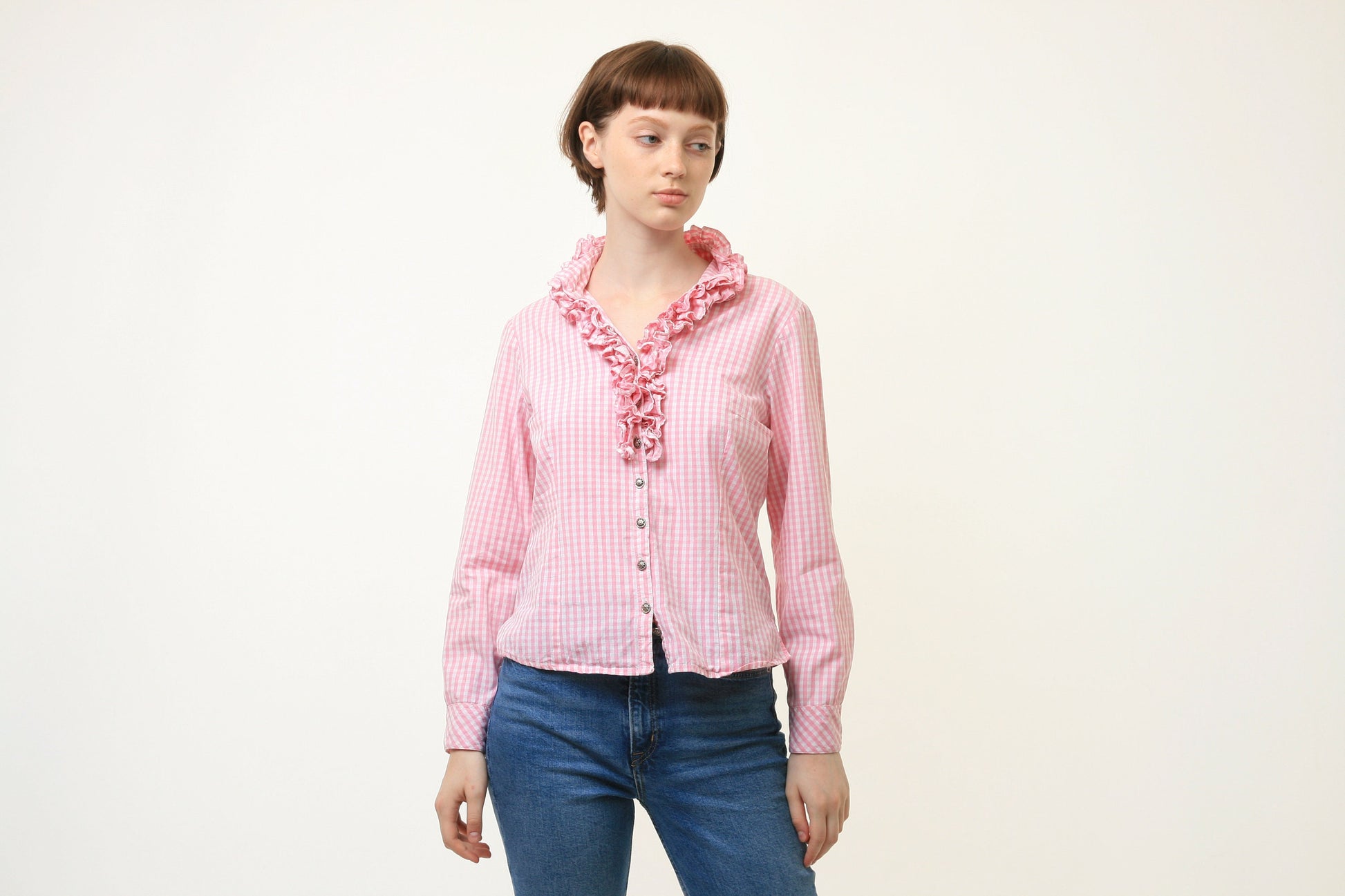 90s Vintage Vtg Rare Alpen Trachten Cotton Bavarian Pink Checked Victorian Long Sleeve Buttons Up Blouse Shirt 4028 Size S