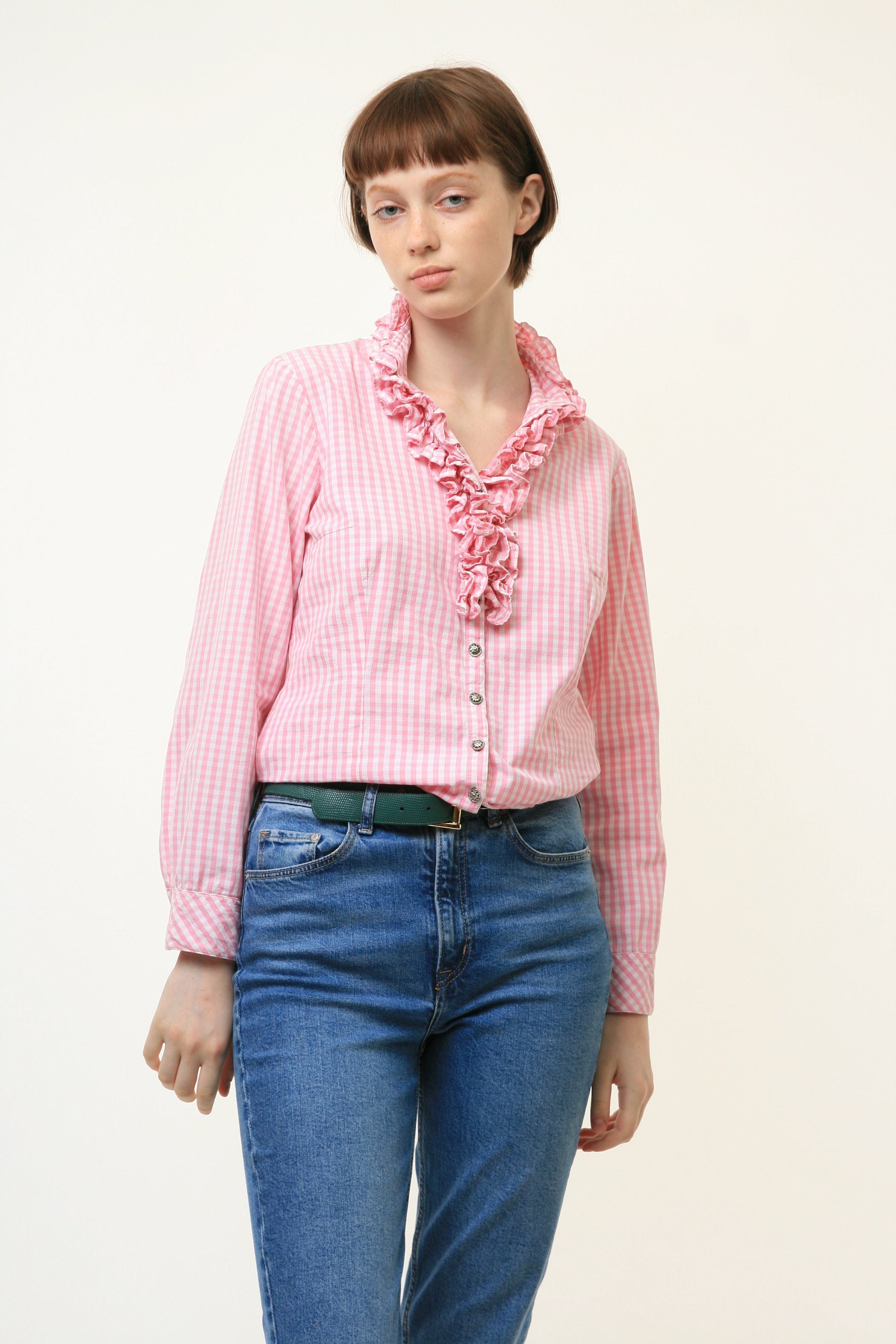 90s Vintage Vtg Rare Alpen Trachten Cotton Bavarian Pink Checked Victorian Long Sleeve Buttons Up Blouse Shirt 4028 Size S