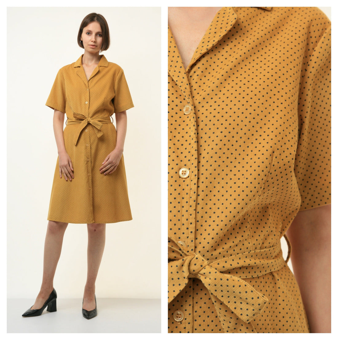 80s Vintage Light Corduroy Woman Polka Dot Ocher Midi Dress size M Medium 4173/ Vintage Woman Polka Dot Midi Buttons Up Dress size M Medium