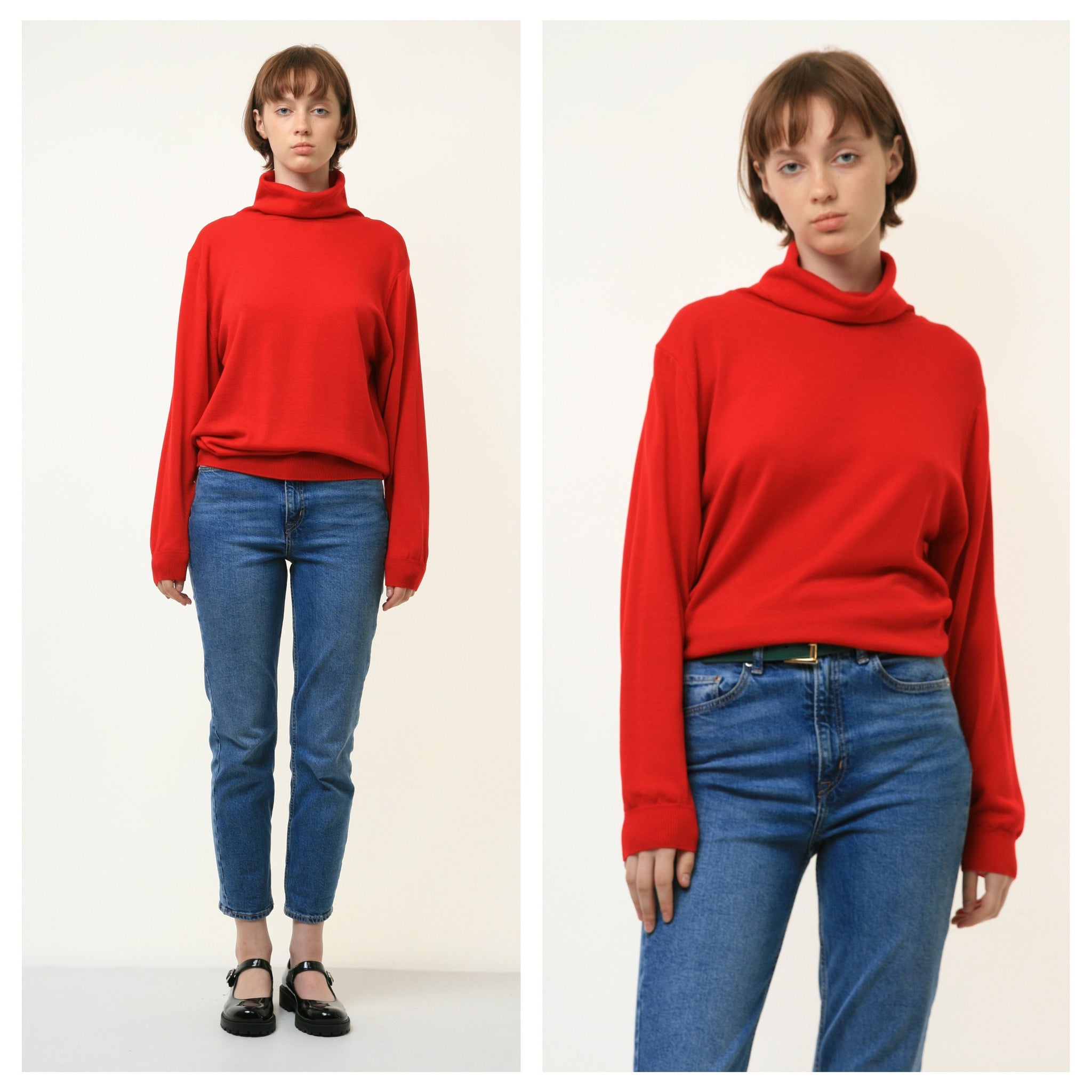 80s Vintage Woman 100% Pure Wool Red Turtleneck Retro Woman Jumper Sweater Top in M Medium/ Vintage Woman Pure Wool Jumper Sweater 4204