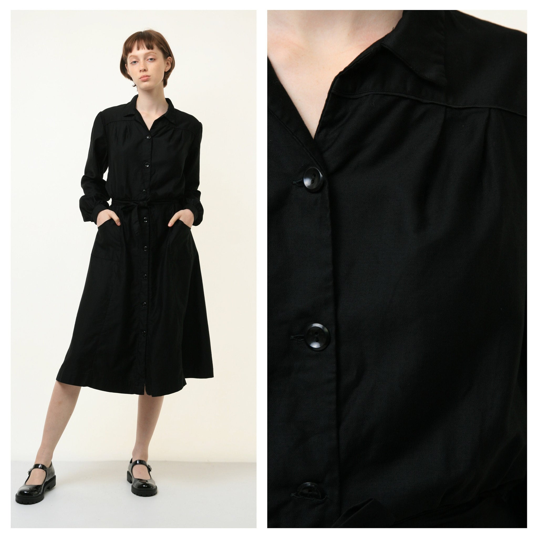 80s Vintage Woman Black Summer Long Sleeve A Line Midi Dress size Small 4073/ Vintage Woman Midi A Line Black Dress/ Vitage Woman Dress