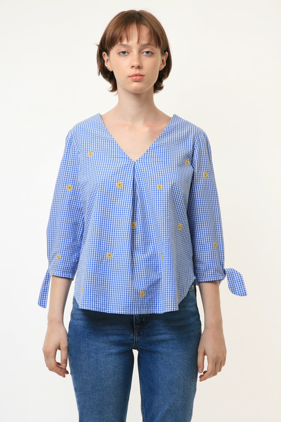 90s Vintage Vtg Blue Checked Embroidered Flowers Long Sleeve Shirt No Fastens Blouse 4221 Girlfriend Gift Present Size S Small