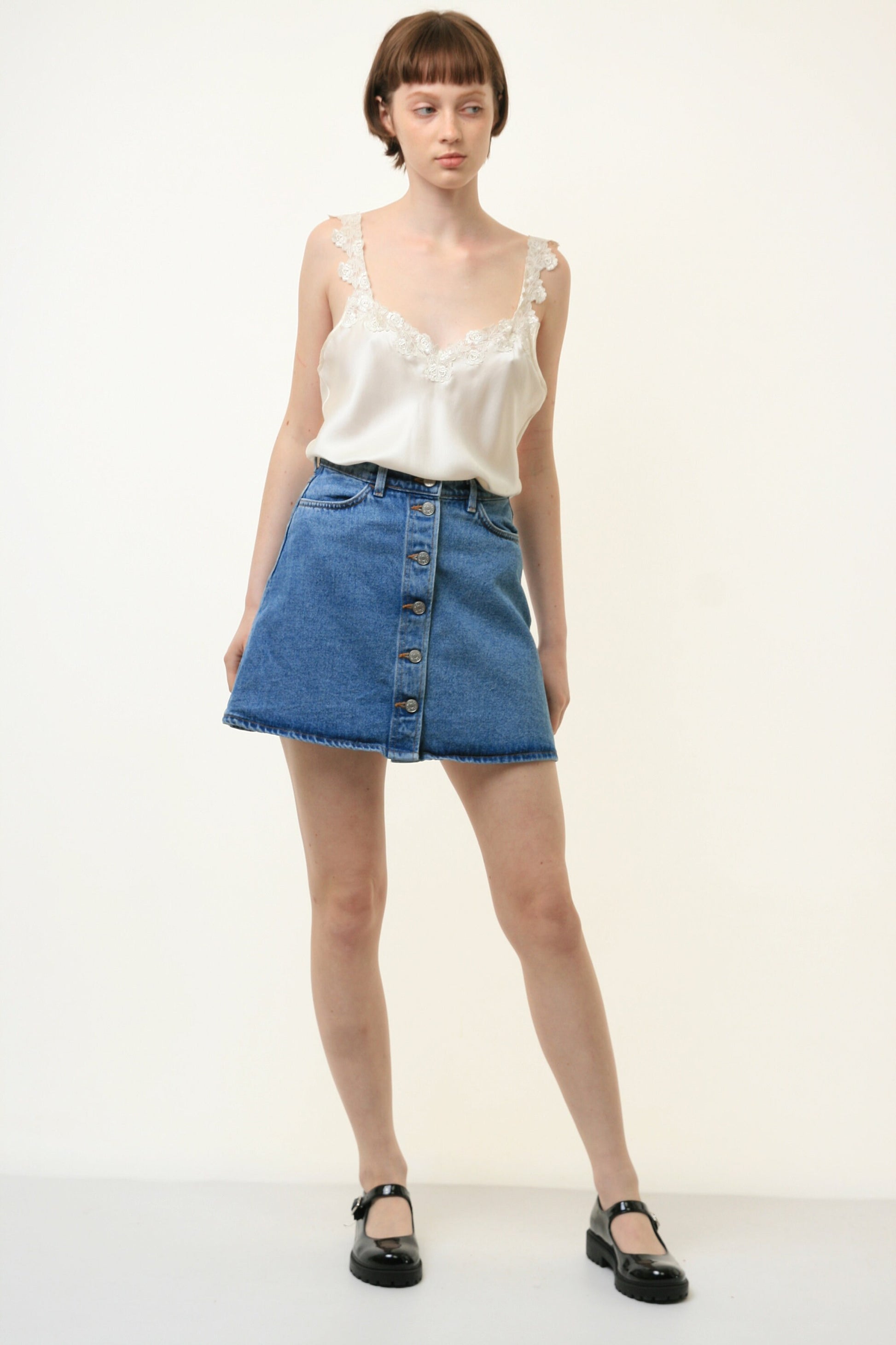 80s Vintage Vtg Rare Blue High Waisted Denim Zip Fastens Mini Skirt in Medium Blue Grunge Size S 28 Girl Girlfriend Gift 4094