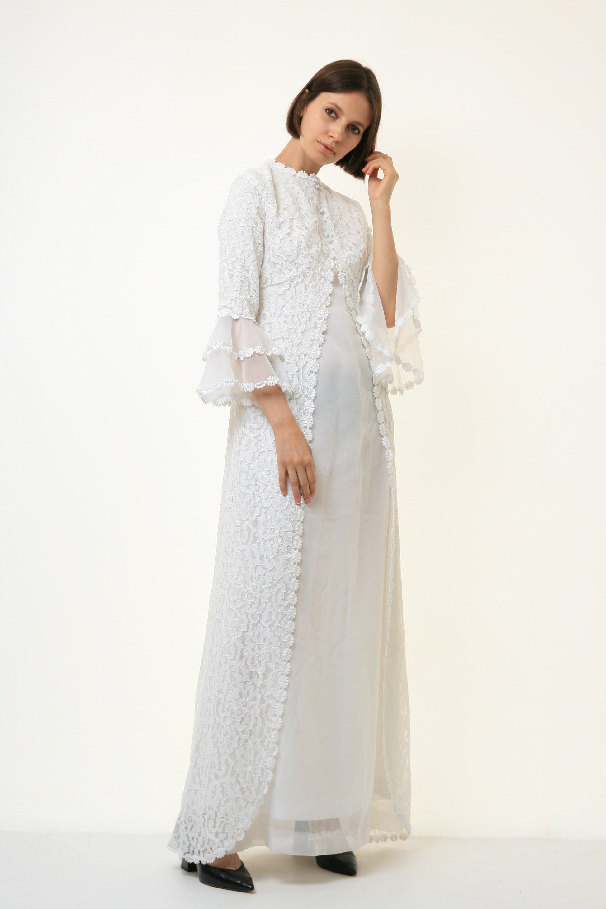 70s Vintage White Boho Maxi Lace Wedding Dress 4246/ 70s Vintage Wedding Dress size Small