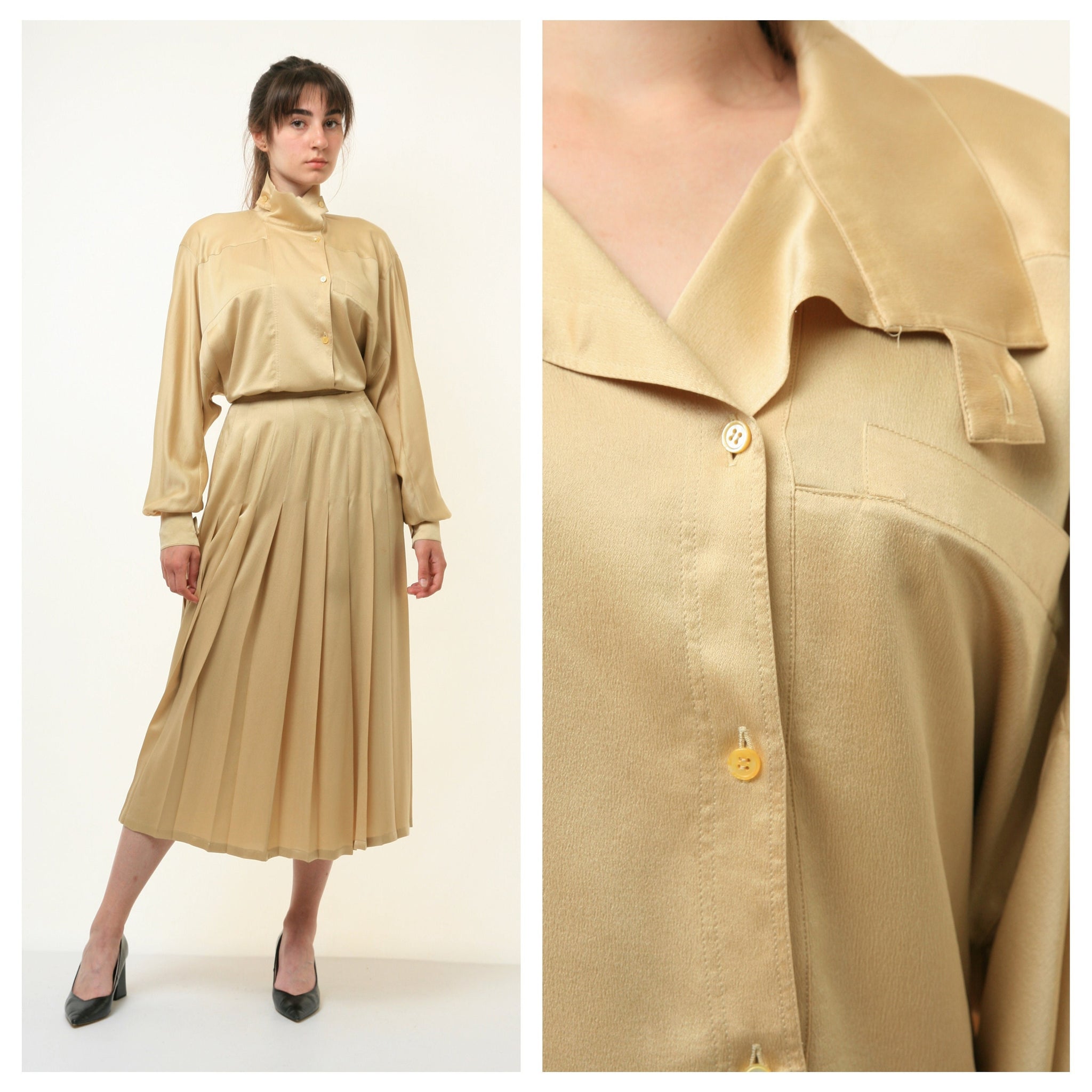 80s Vintage All in One Woman ESCADA Gold 100% Silk Suit High Waisted Midi A Line Skirt and Blazer size S Small 4108/ Vintage Woman Clothing