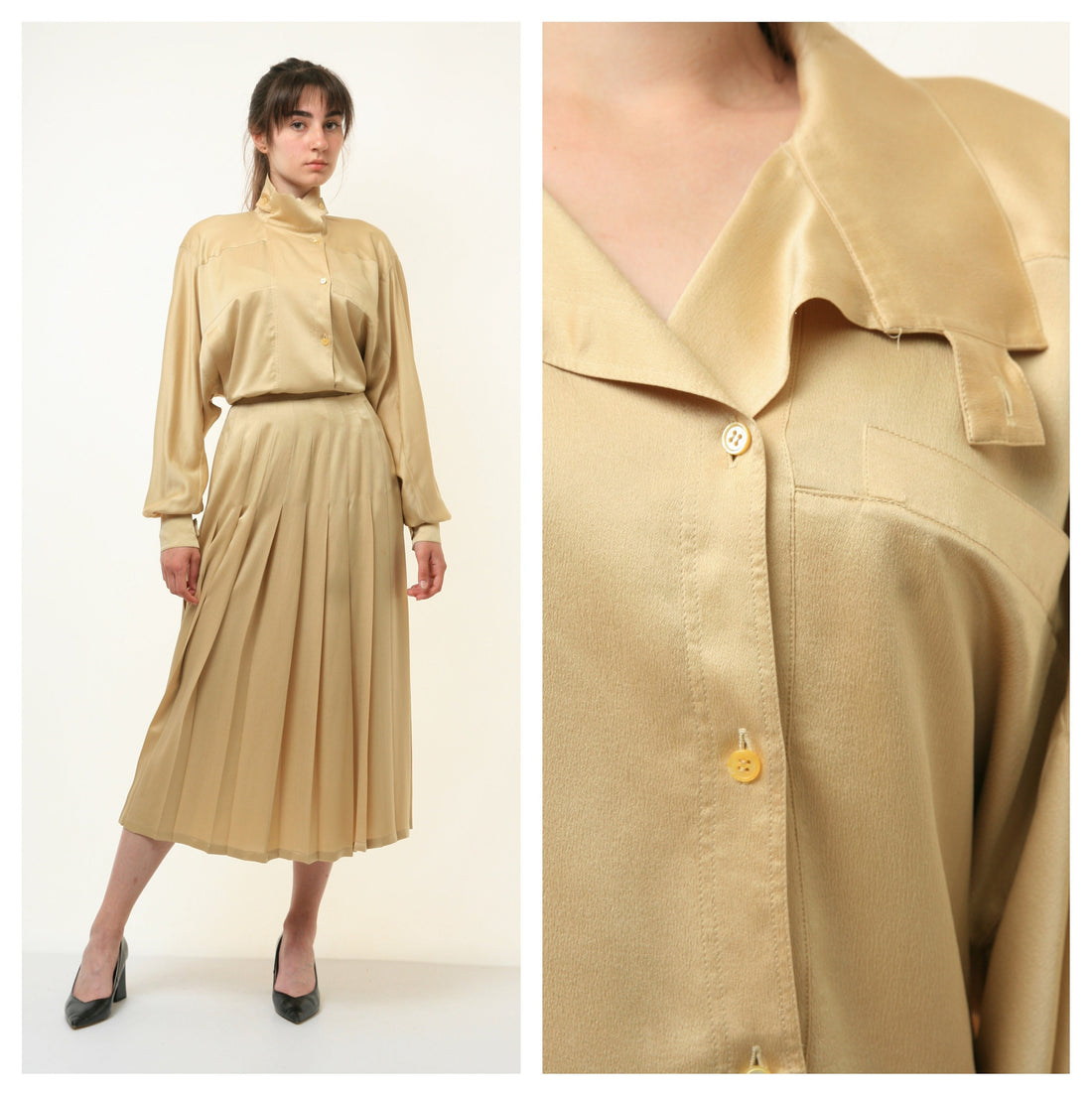 80s Vintage All in One Woman ESCADA Gold 100% Silk Suit High Waisted Midi A Line Skirt and Blazer size S Small 4108/ Vintage Woman Clothing