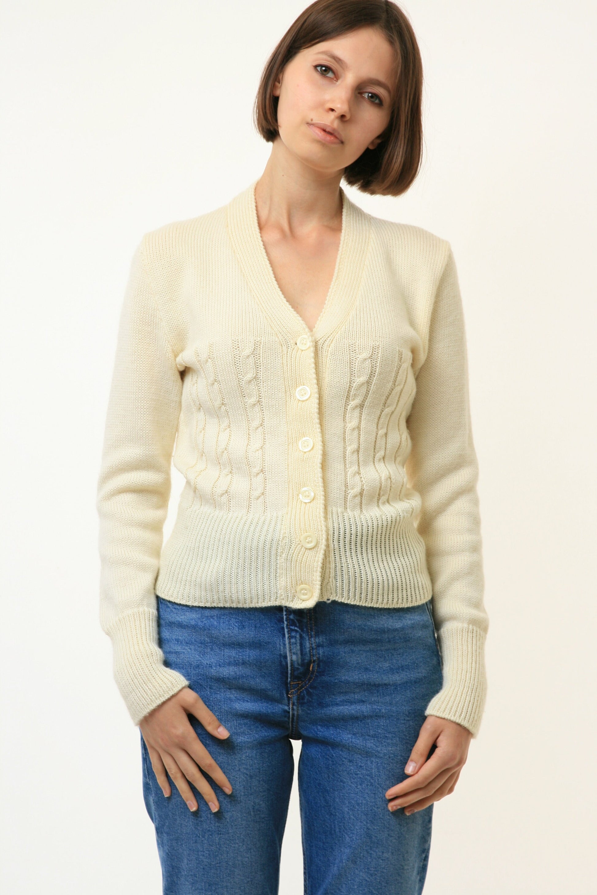 Unique Lovely Beige Vintage Cardigan with Wool Knitted Jacket Wool Knit Austrian 4280/ Vintage Woman Clothing/ Vintage Woman Jumper