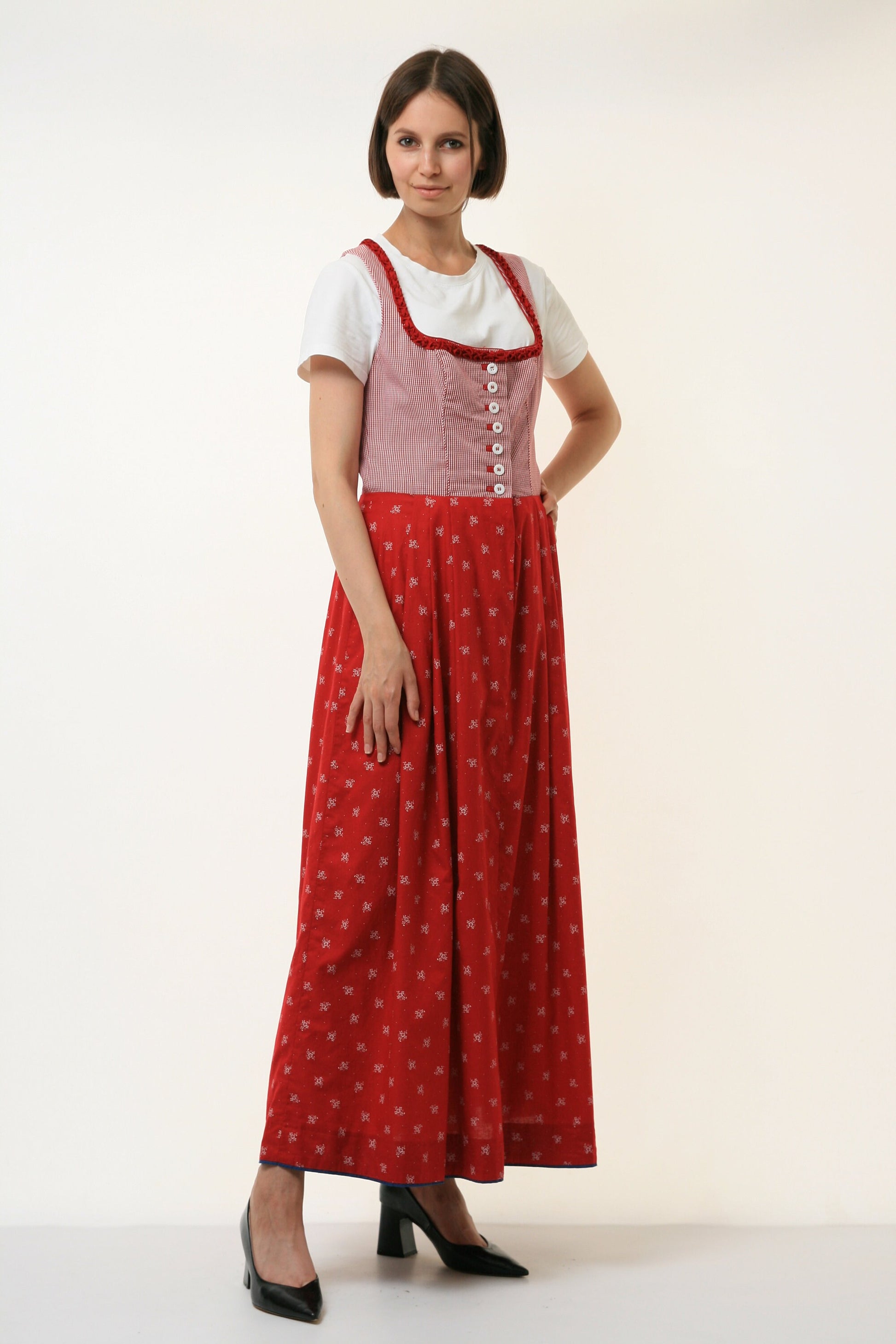 70s Vintage Vtg Rare Austrian Tyrol Dirndl Traditional Sleeveless Red Boho Midi Length Buttons Up Mid Calf Length Dress 4309 Girlfriend Gift