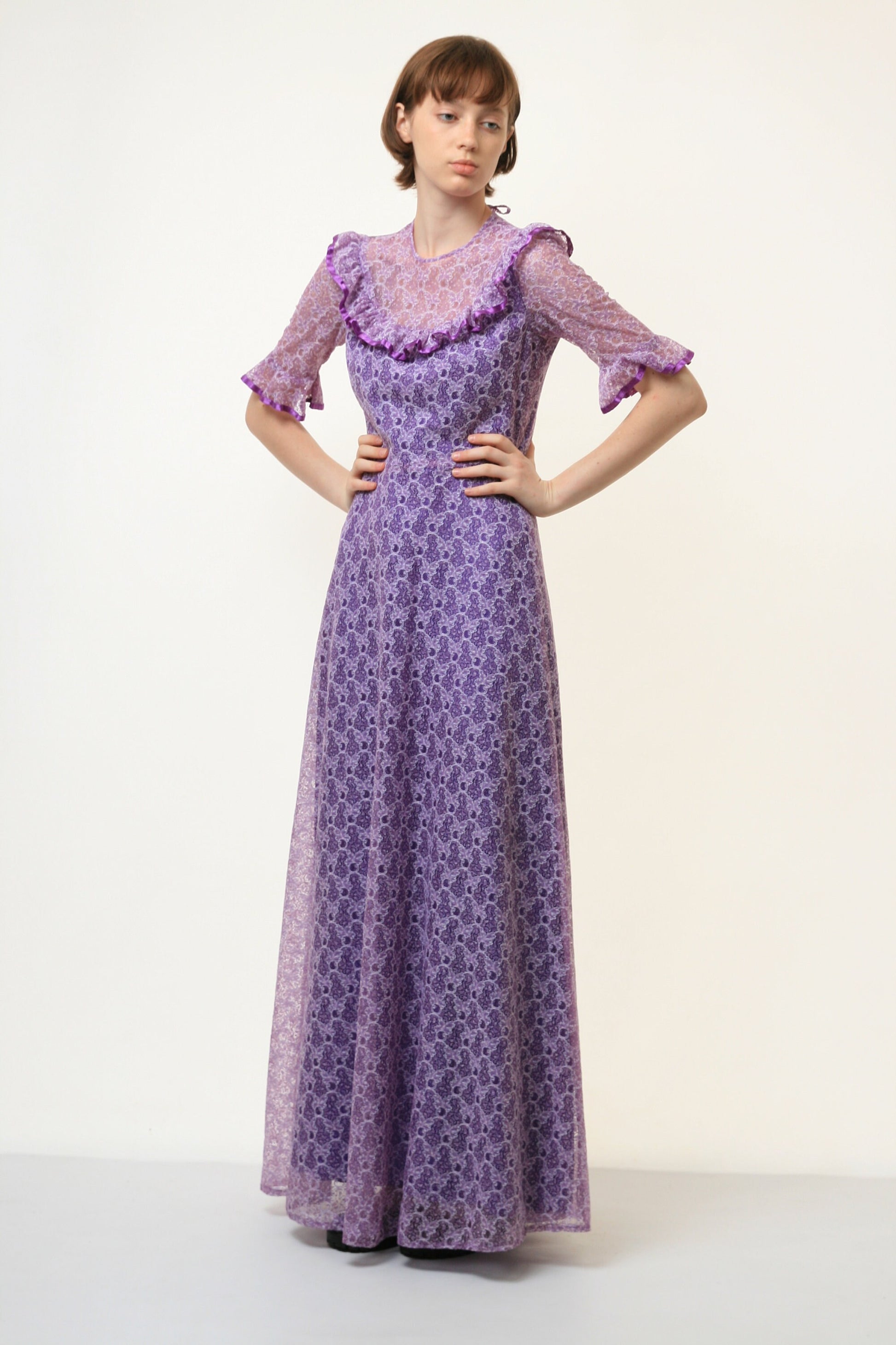 70s Vintage Vtg Rare Purple Lace Hippie Bohemian Long Sleeve Maxi Long Dress 4190 Girlfriend Gift Present/ Vintage Woman Praire Purple Dress