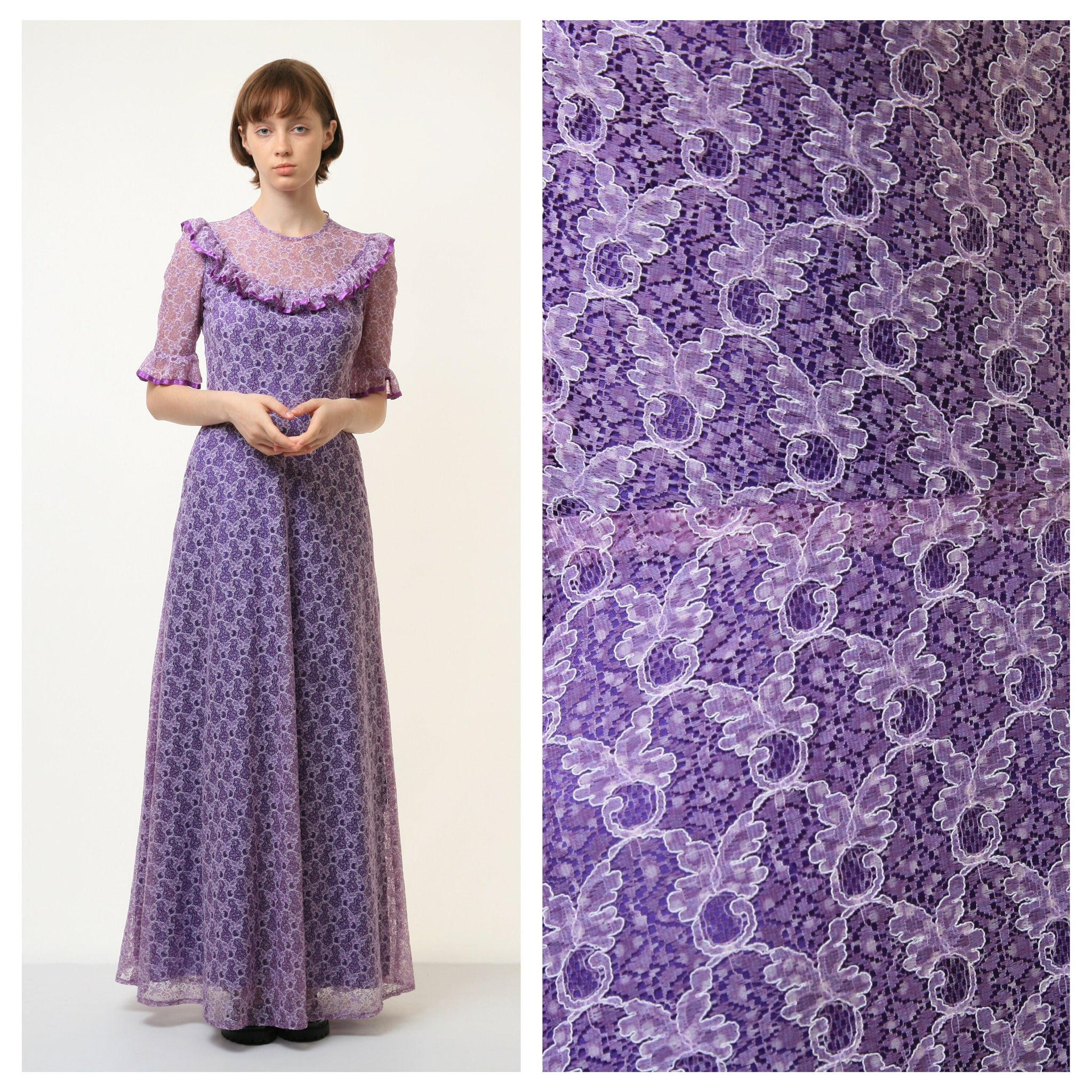 70s Vintage Vtg Rare Purple Lace Hippie Bohemian Long Sleeve Maxi Long Dress 4190 Girlfriend Gift Present/ Vintage Woman Praire Purple Dress