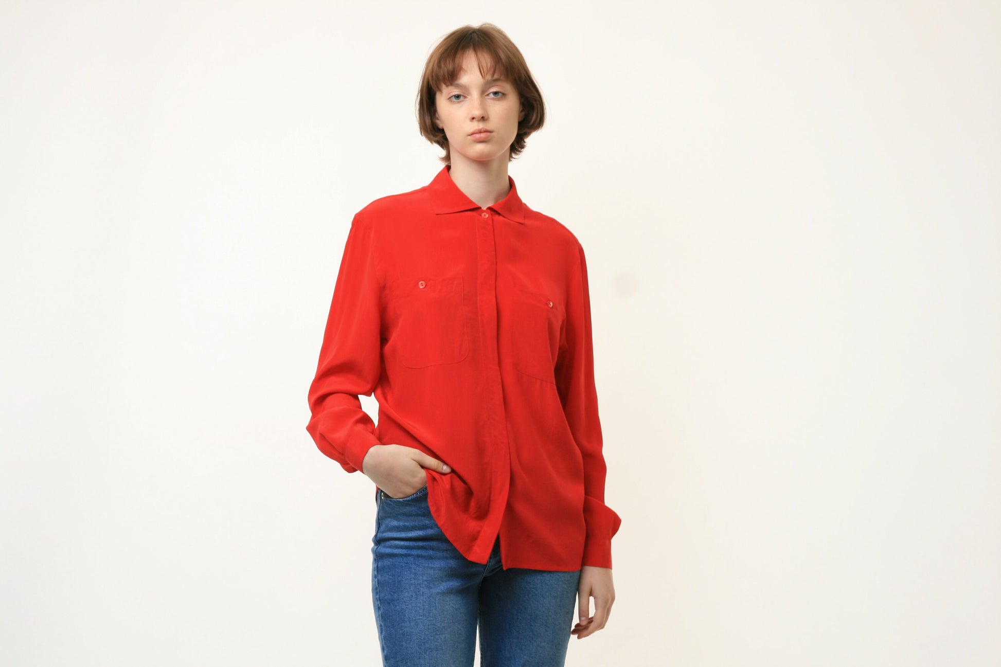 80s Vintage Vtg Rare 100% Silk Seta Red Buttons Up Blouse Shirt Oversized Summer 4216 Girlfriend Gift/ Vintage Woman SILK Blouse