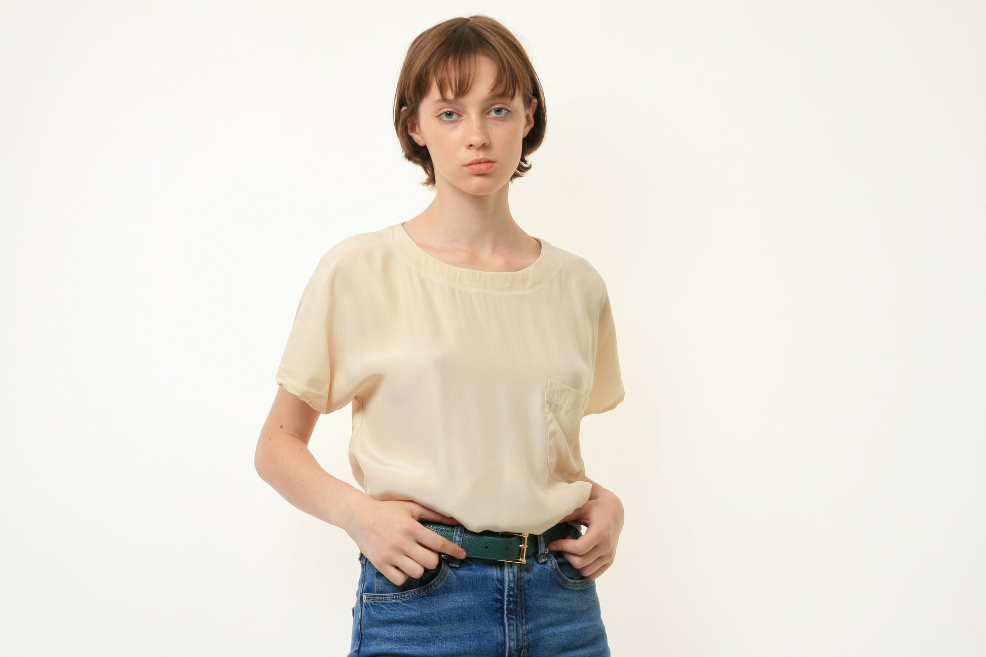 80s Vintage Vtg Rare 100% SILK Seta Seide Soie Natural Fabric Short Sleeve in Beige Woman Silk Top Shirt Top Blouse 4230 Size Medium