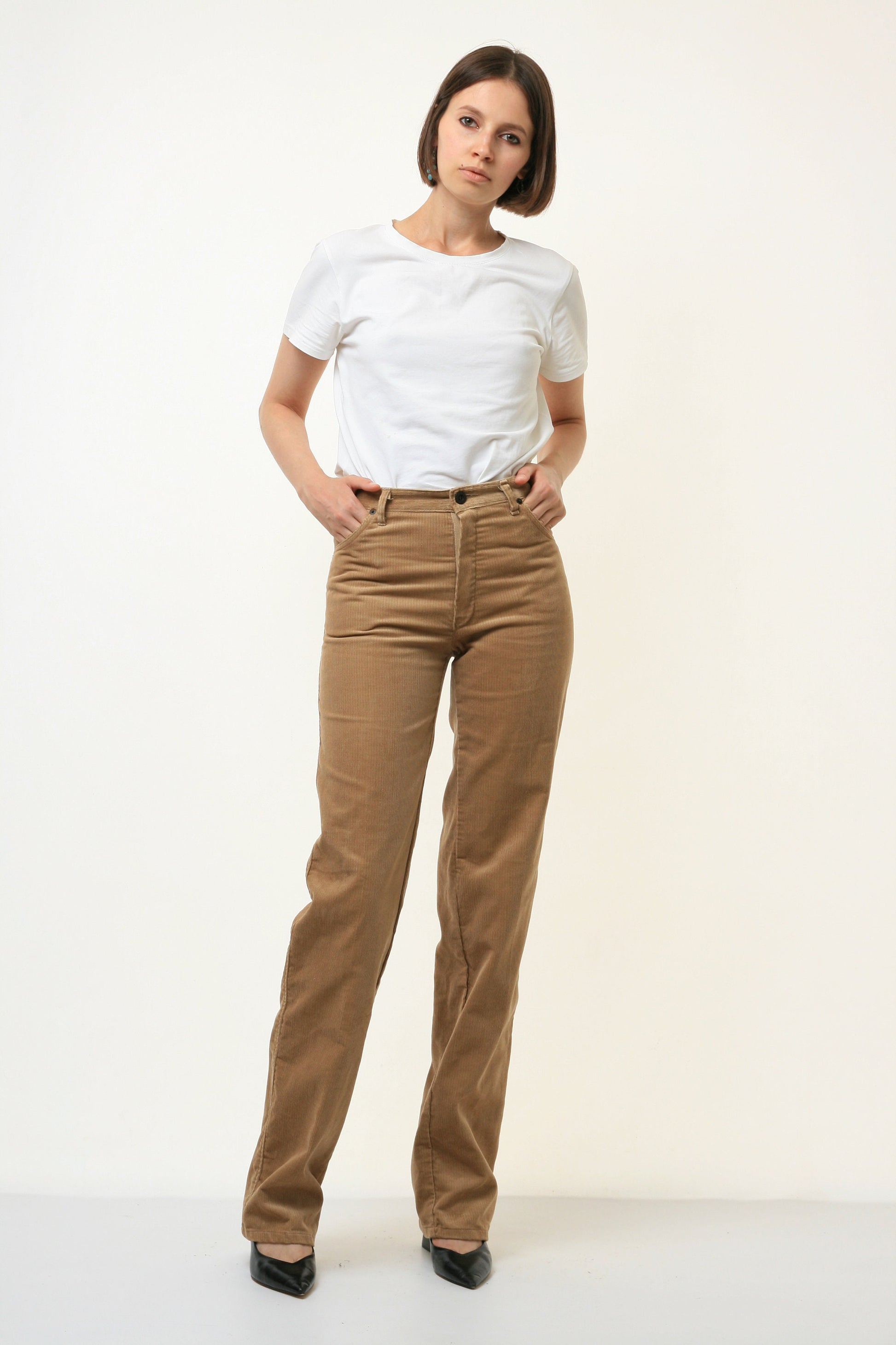 80s Vintage Vtg Nevada Beige High Waisted Woman Corduroy Fall Cotton High Waisted Moms Trousers 4377 Girlfirend Gift SIze S Small