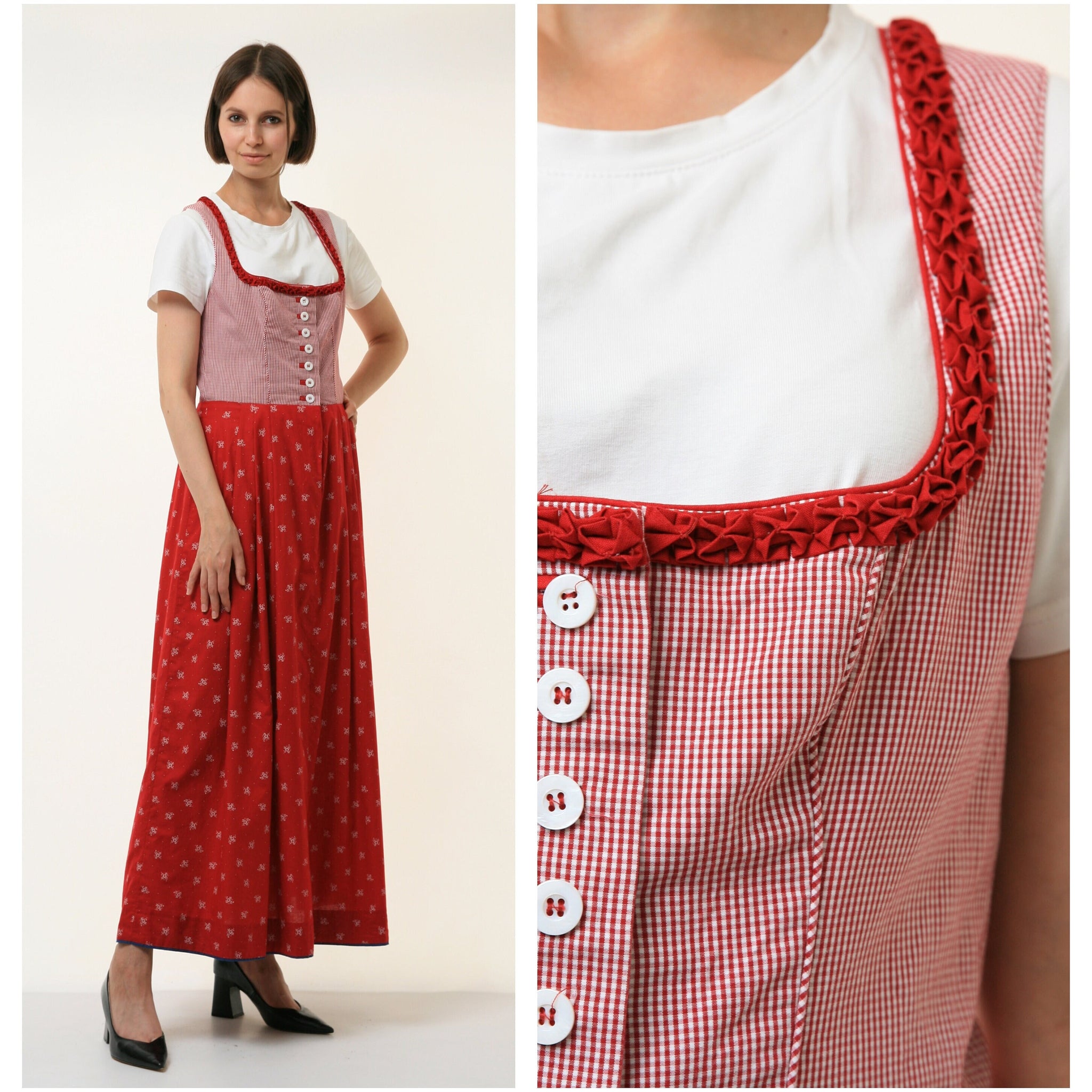 70s Vintage Vtg Rare Austrian Tyrol Dirndl Traditional Sleeveless Red Boho Midi Length Buttons Up Mid Calf Length Dress 4309 Girlfriend Gift