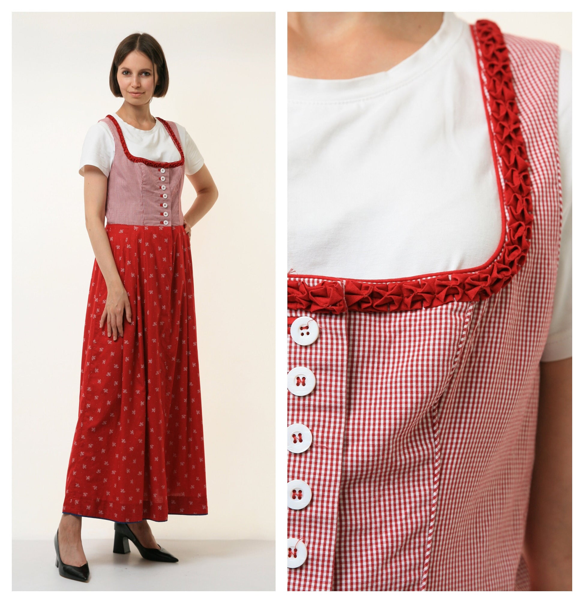 70s Vintage Vtg Rare Austrian Tyrol Dirndl Traditional Sleeveless Red Boho Midi Length Buttons Up Mid Calf Length Dress 4309 Girlfriend Gift