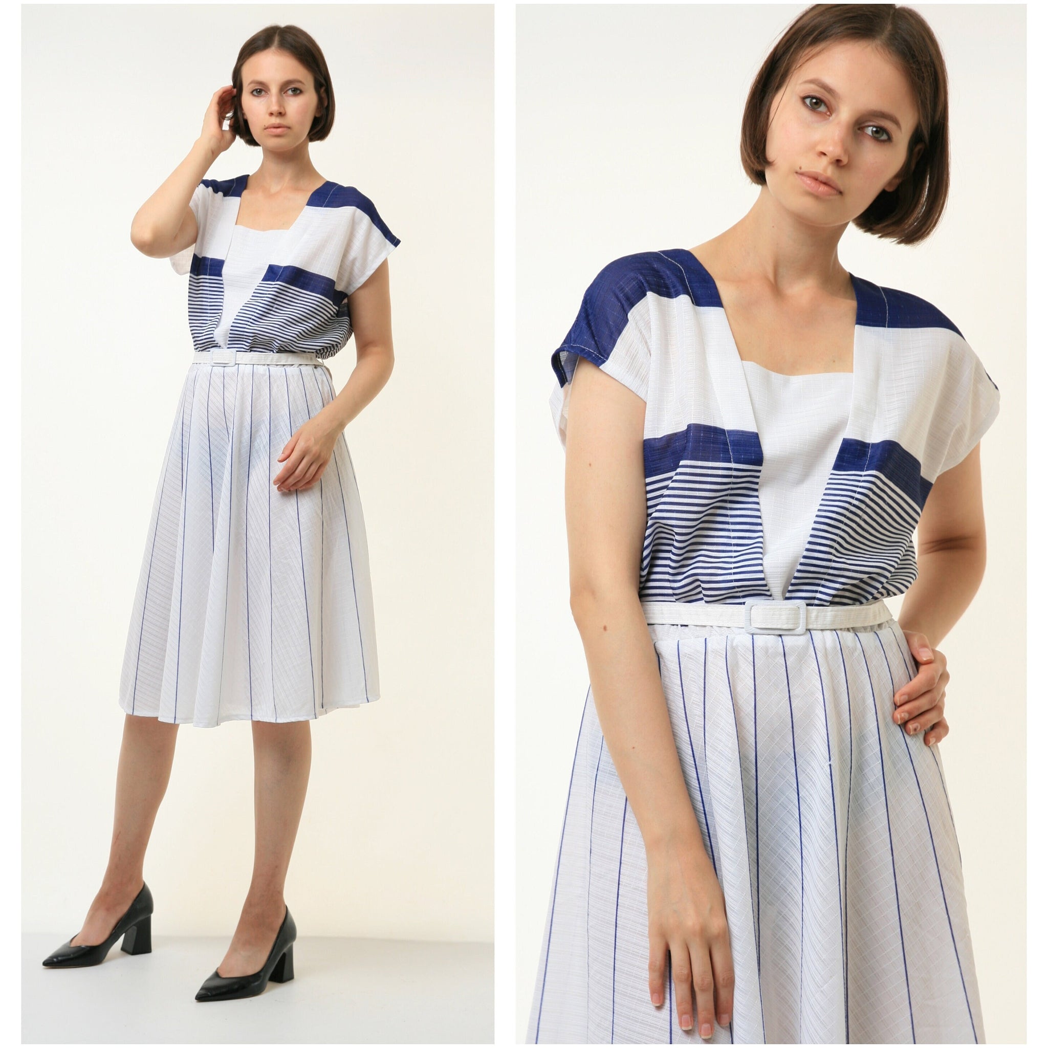 60s Vintage Woman Summer Blue Striped Sea Waves A Line Midi Dress size M Medium 4323/ Vintage Woman A Line Summer Dress/ Vintage Clothing