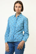 90s Vintage Vtg Rare Alpen Trachten Cotton Bavarian Blue Embroidered Animal Long Sleeve Buttons Up Blouse Shirt 4342 Size S