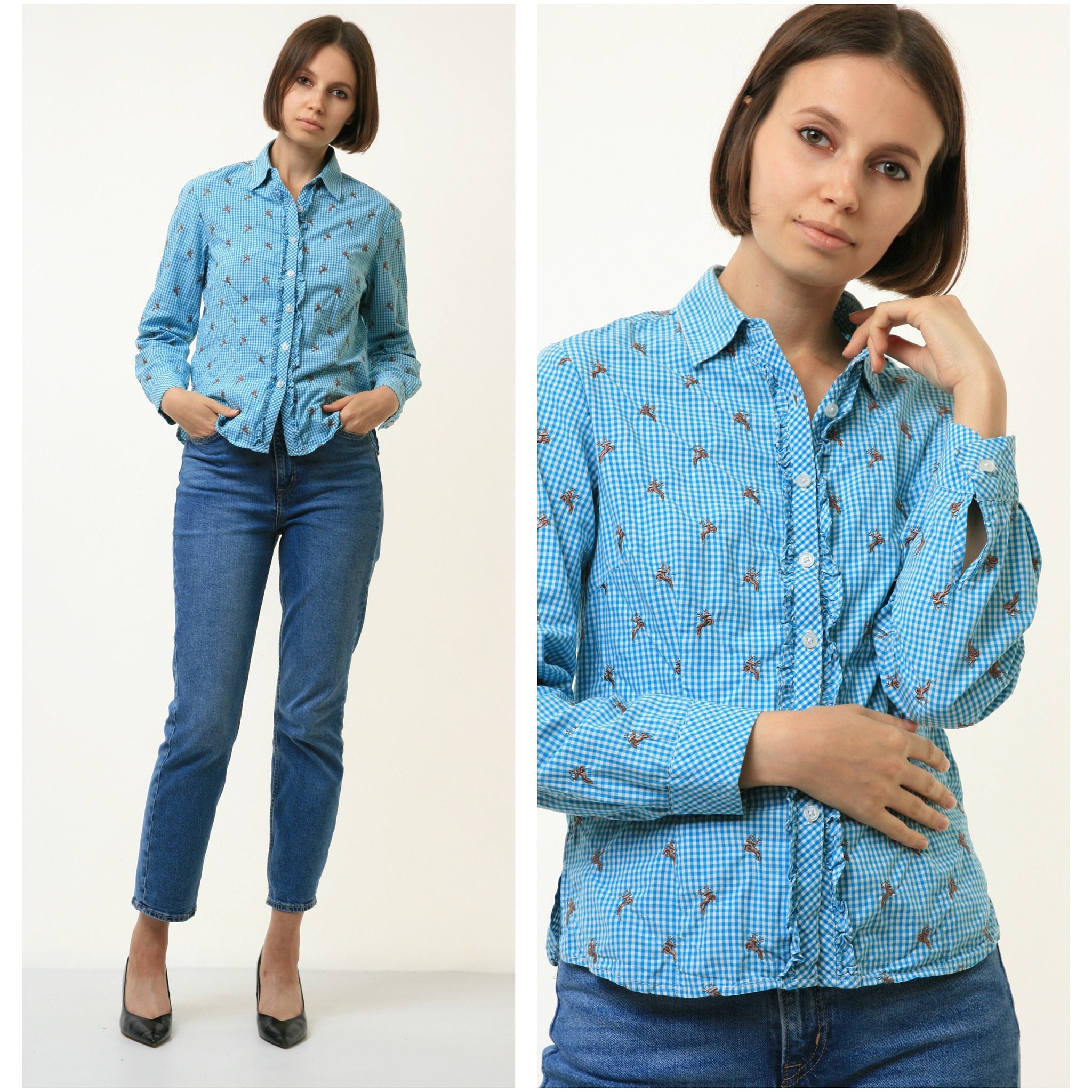 90s Vintage Vtg Rare Alpen Trachten Cotton Bavarian Blue Embroidered Animal Long Sleeve Buttons Up Blouse Shirt 4342 Size S