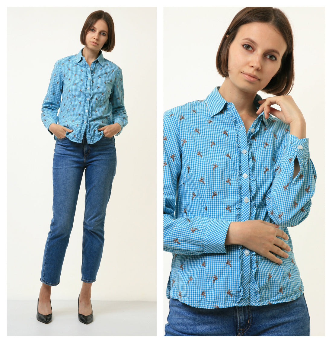 90s Vintage Vtg Rare Alpen Trachten Cotton Bavarian Blue Embroidered Animal Long Sleeve Buttons Up Blouse Shirt 4342 Size S