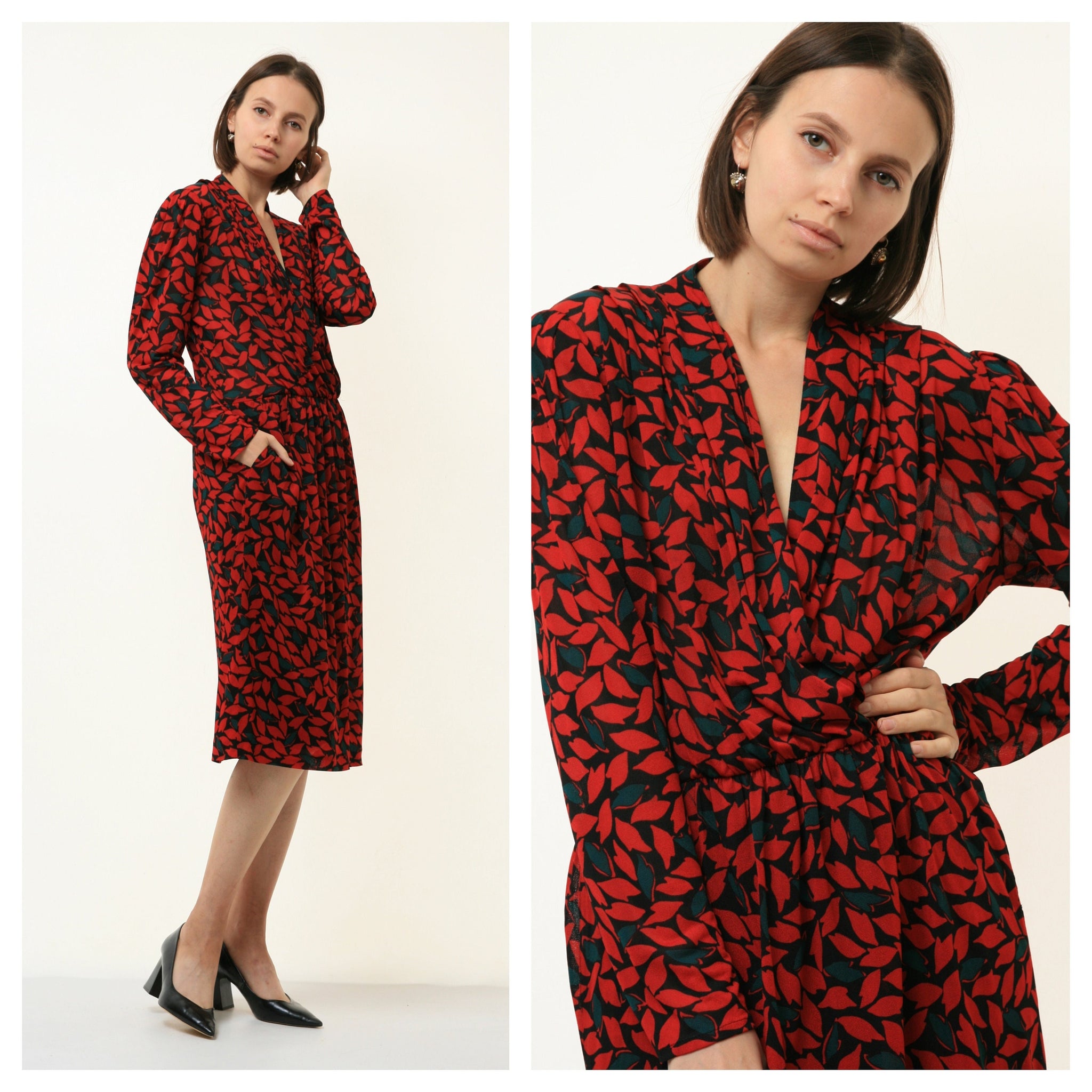 Women Fall Dress Abstract Pattern Long Sleeve Midi Sweetheart V-neck Viscose Pattern Dress MoodGirlsUA Size S Small 4529