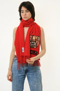 Vintage Woman Deadstock MOSCHINO Red Bear Wool Scarf/ Moschino Teddy Bear 100% Wool Fringed Scarf Red Made In Italy