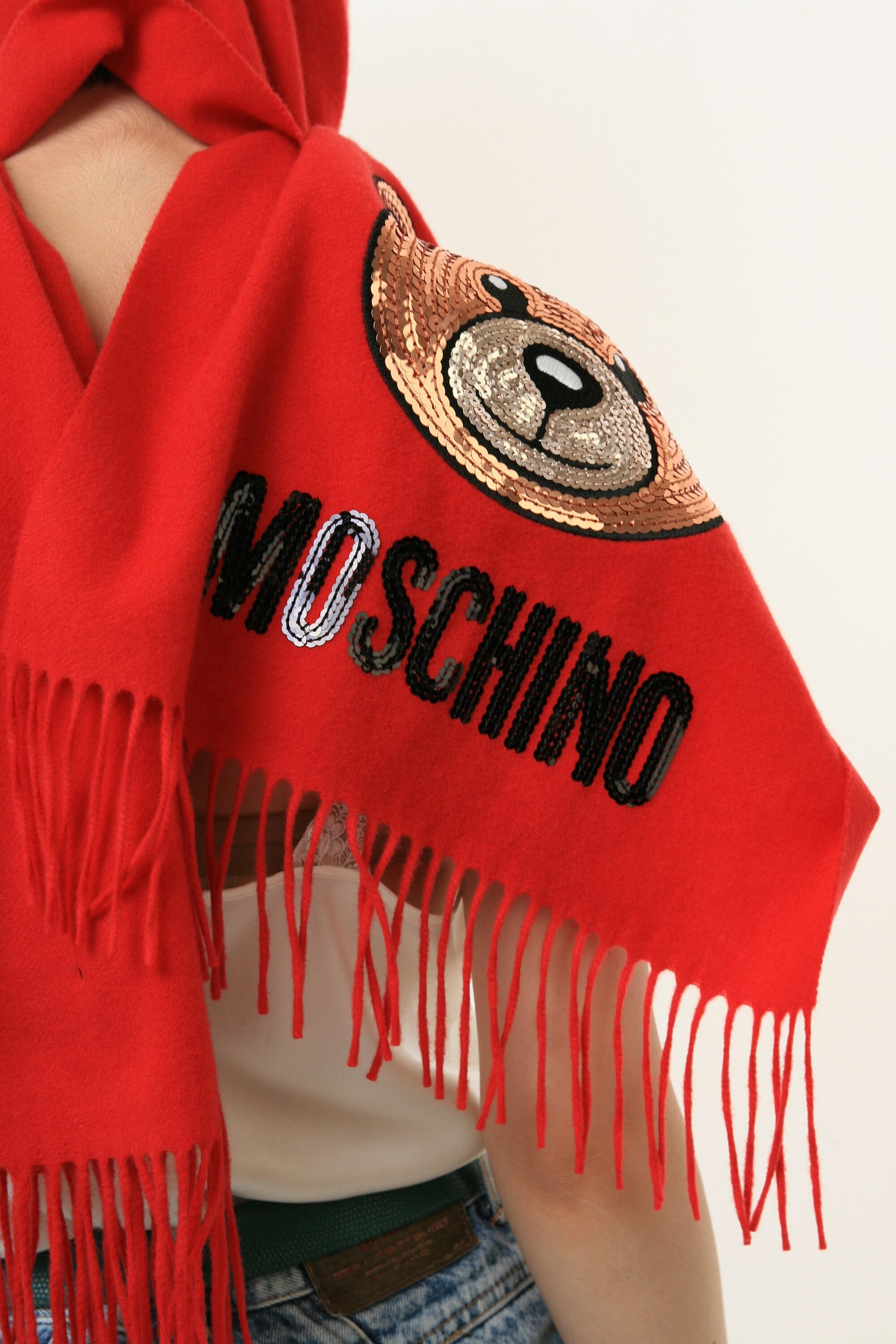 Vintage Woman Deadstock MOSCHINO Red Bear Wool Scarf/ Moschino Teddy Bear 100% Wool Fringed Scarf Red Made In Italy