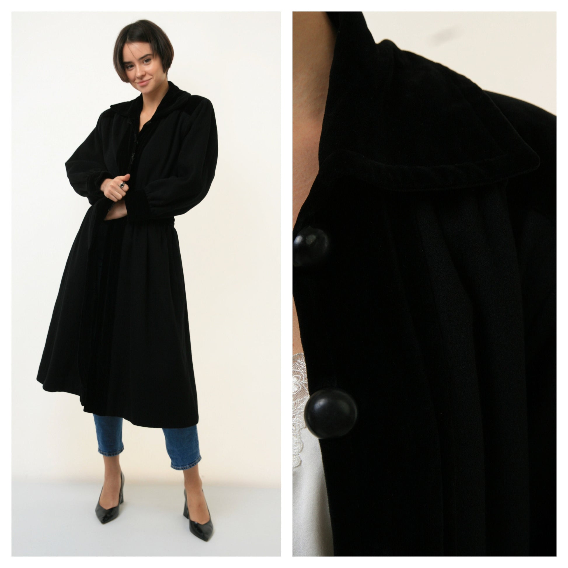 Yves Saint Laurent black velvet coat/ Yves Saint Laurent Russian Collection Wool with Velvet Black Coat M size, 1970s