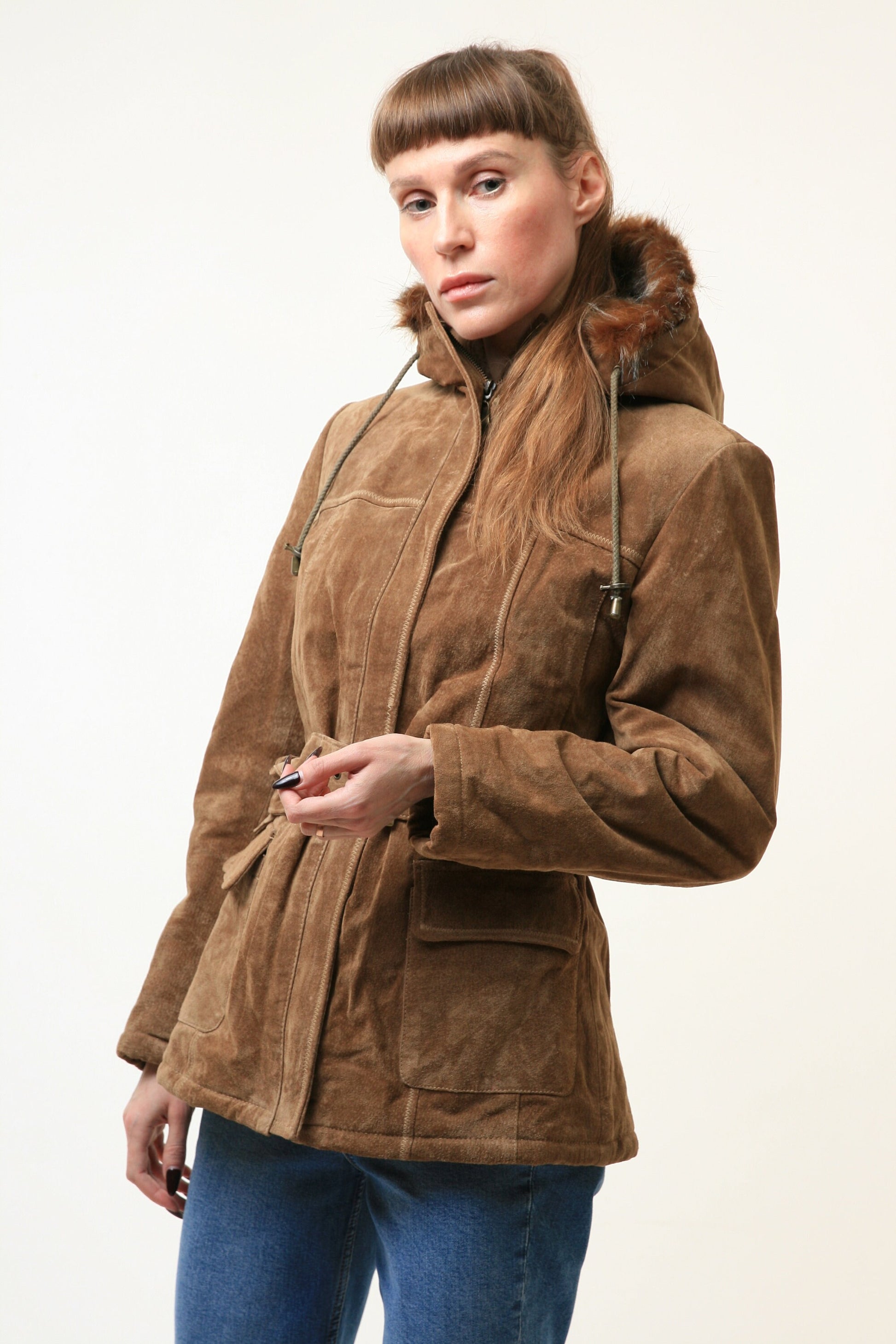 Women Suede Coat Vintage 80's Oversize Brown Faux Shearling Coat Beige Sherpa Overcoat Sustainable Fashion Size S Small 4652