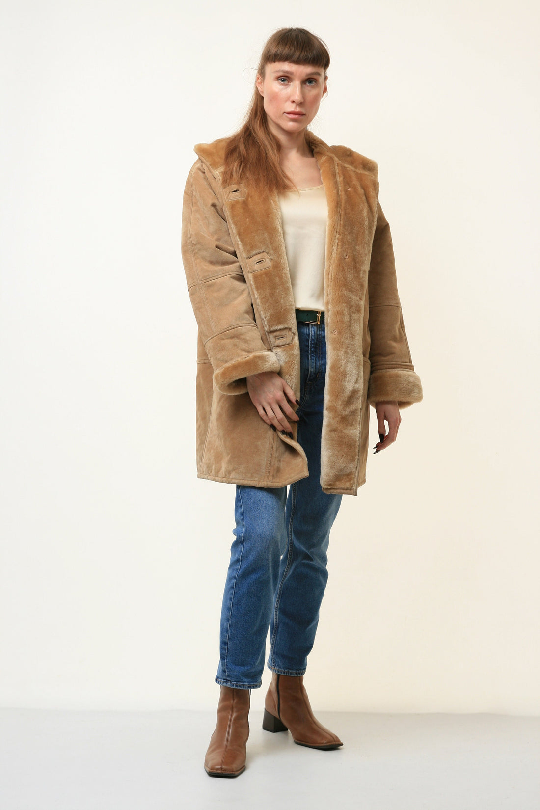 Women Suede Coat Vintage 80's Oversize Brown Faux Shearling Coat Beige Sherpa Overcoat Sustainable Fashion Size S Small 4659