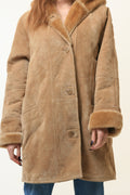 Women Suede Coat Vintage 80's Oversize Brown Faux Shearling Coat Beige Sherpa Overcoat Sustainable Fashion Size S Small 4659