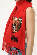 Vintage Woman Deadstock MOSCHINO Red Bear Wool Scarf/ Moschino Teddy Bear 100% Wool Fringed Scarf Red Made In Italy