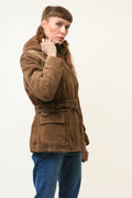 Women Suede Coat Vintage 80's Oversize Brown Faux Shearling Coat Beige Sherpa Overcoat Sustainable Fashion Size S Small 4652