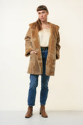 Women Suede Coat Vintage 80's Oversize Brown Faux Shearling Coat Beige Sherpa Overcoat Sustainable Fashion Size S Small 4659