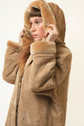 Women Suede Coat Vintage 80's Oversize Brown Faux Shearling Coat Beige Sherpa Overcoat Sustainable Fashion Size S Small 4659