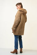 Women Suede Coat Vintage 80's Oversize Brown Faux Shearling Coat Beige Sherpa Overcoat Sustainable Fashion Size S Small 4659