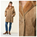 Women Suede Coat Vintage 80's Oversize Brown Faux Shearling Coat Beige Sherpa Overcoat Sustainable Fashion Size S Small 4659