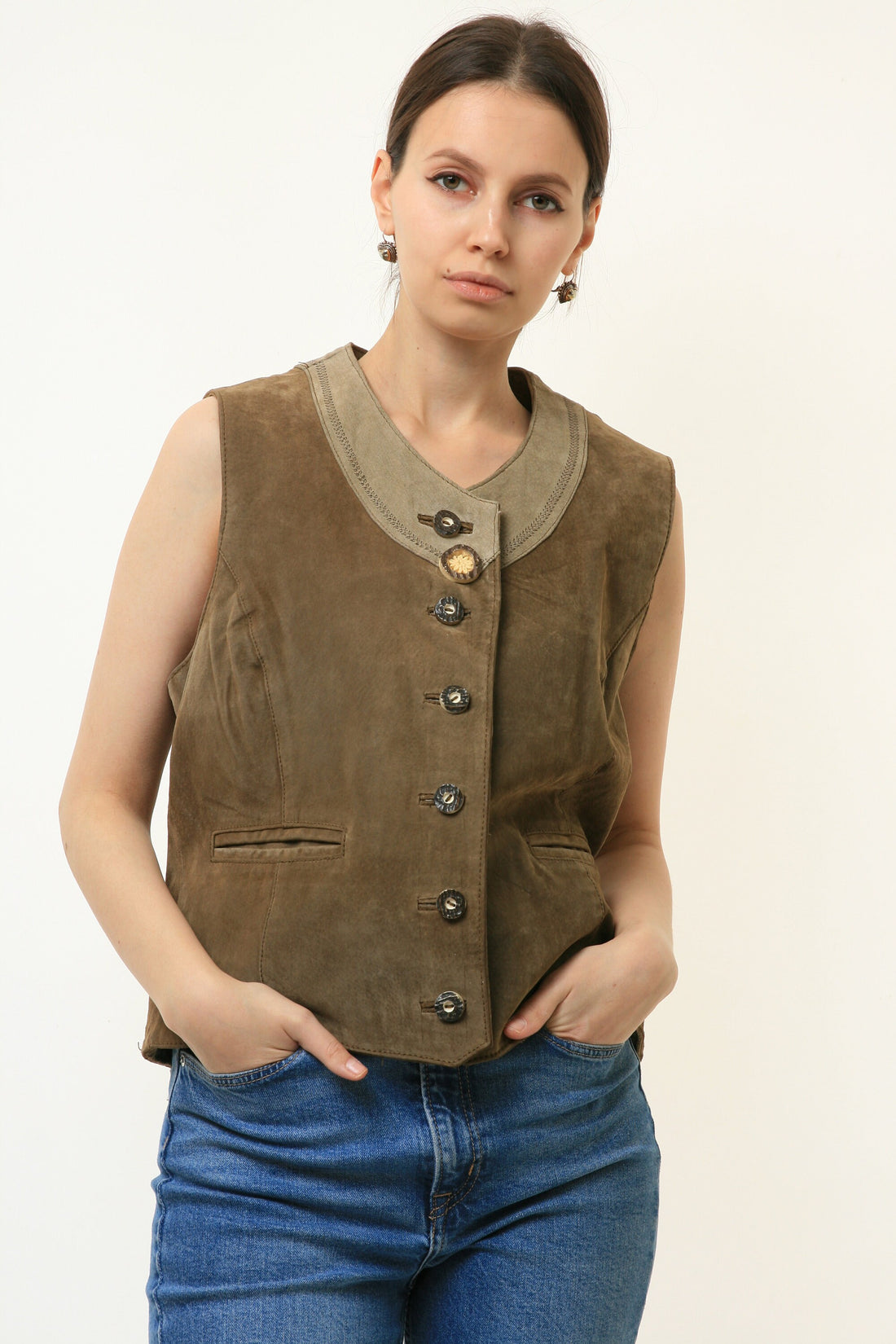 70s Vintage Vtg Rare Austrian Traditional Leather DIrndl Sleeveless Buttons Up Vest Traditional Alpen Trachten 4716 Girlfriend Gift Present