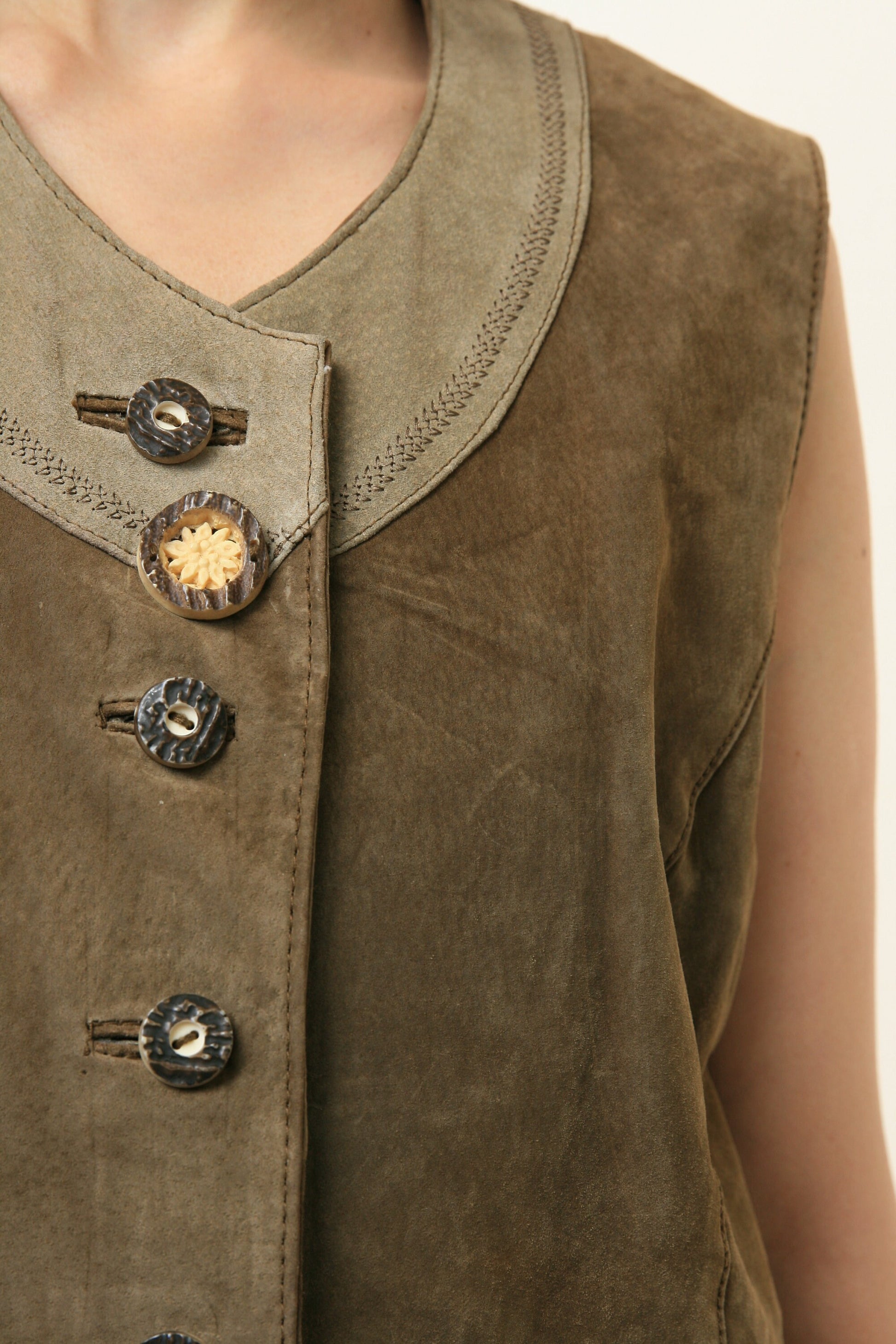 70s Vintage Vtg Rare Austrian Traditional Leather DIrndl Sleeveless Buttons Up Vest Traditional Alpen Trachten 4716 Girlfriend Gift Present