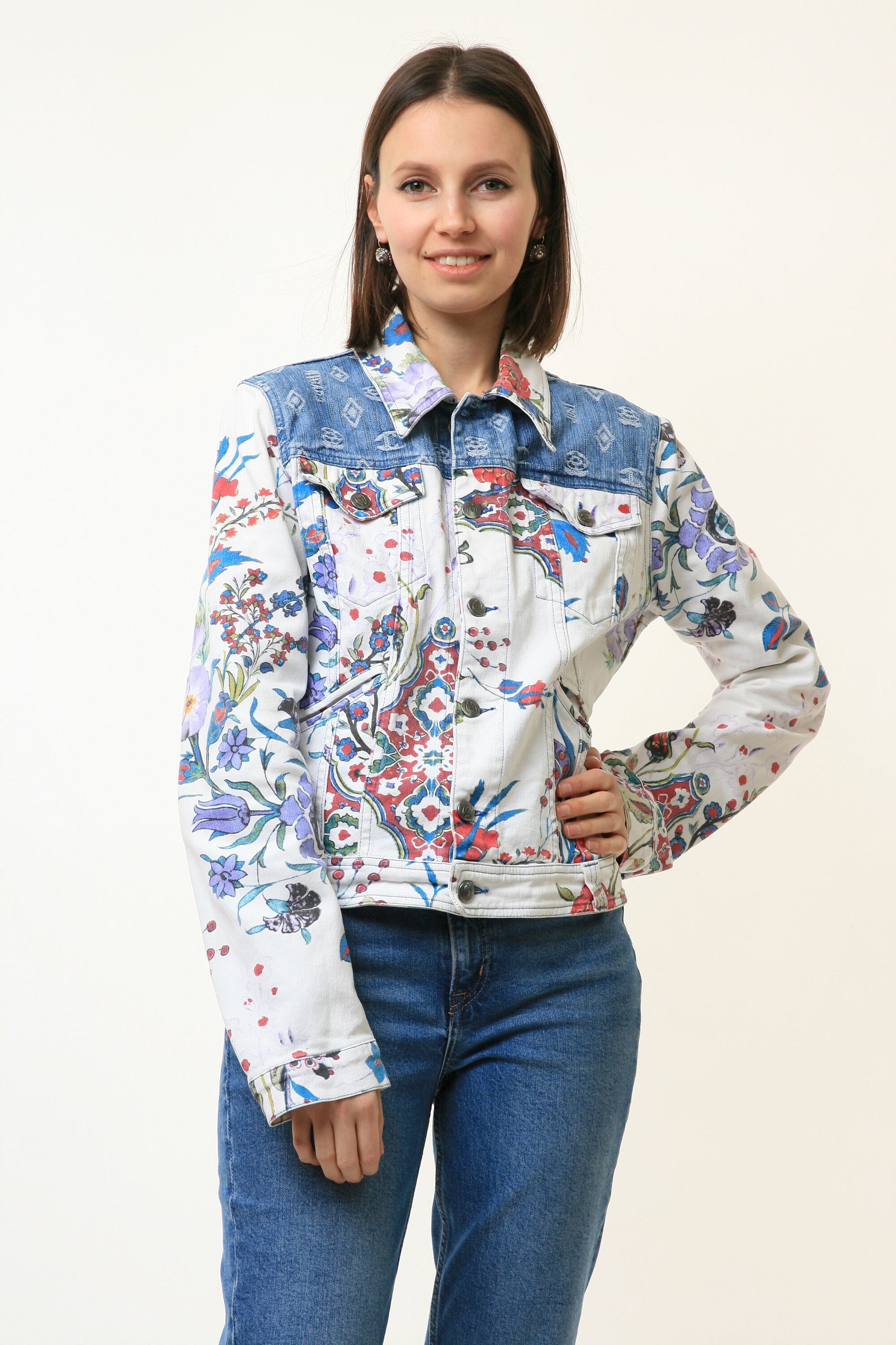 Roberto Cavalli | Vintage Jacket | 1980s | Denim Jacket with Floral Print/Denim Cavalli Jacket | Acid Washed | Made in Italy | Size L 4792