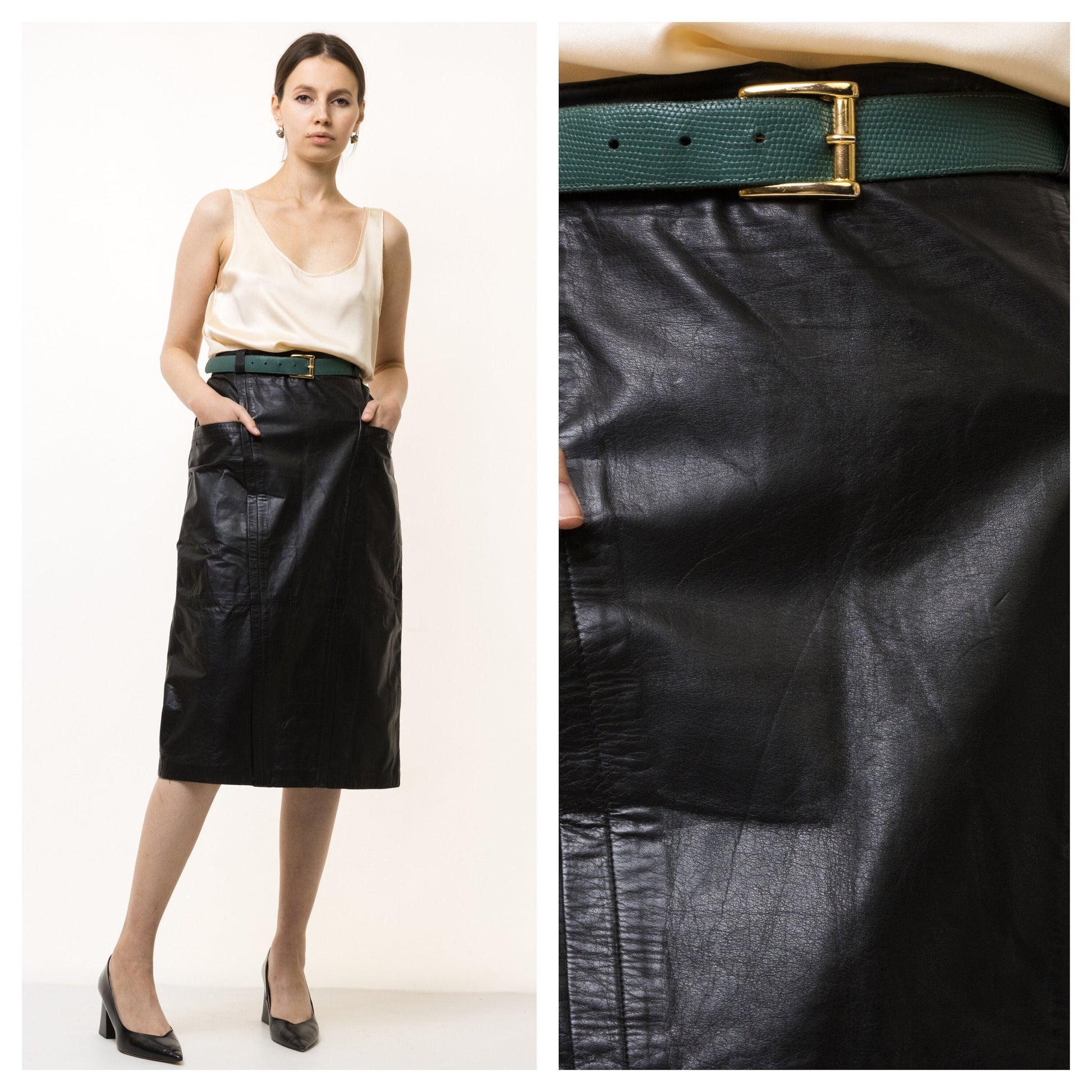 80s Leather Midi Skirt / High Waist Leather Midi Skirt Med / Minimalist Black Skirt / Leather Midi Pencil Skirt Small Medium 4834