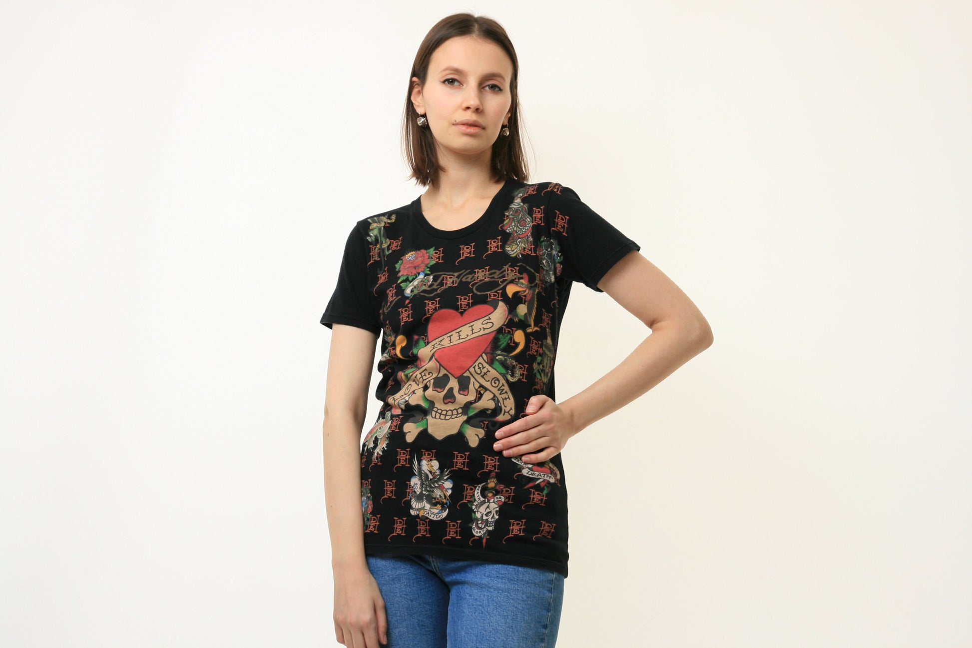 Ed Hardy T-Shirt / Vintage Tattoo Graphic Tee Shirt / 90s Short Sleeve Shirt size Medium 4806/ Vintage Graphic Black Tshirt